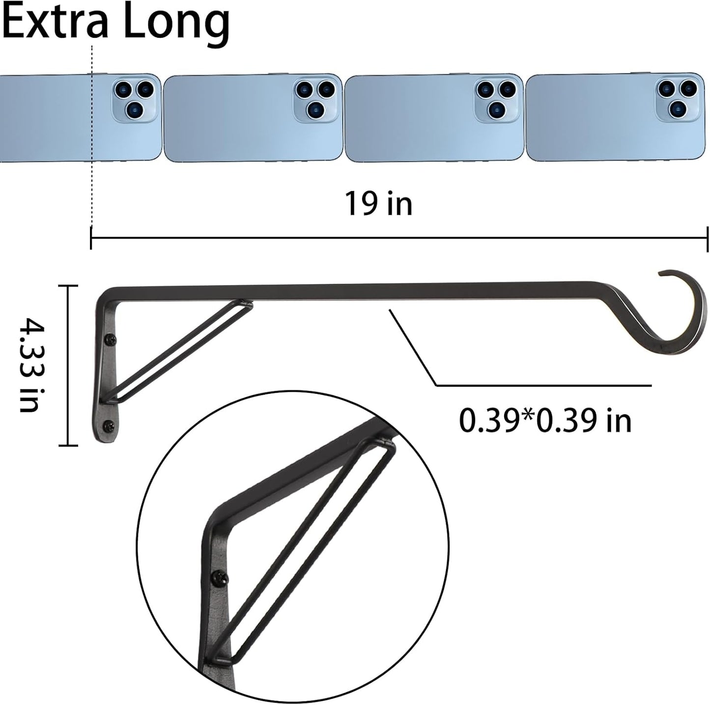 2 Pack Extra Long 19 Inch Heavy-Duty Rust-Resistant Solid Steel Plant Hangers and Bird Feeder Hangers for Indoor and Outdoor Decor, Wall Hooks