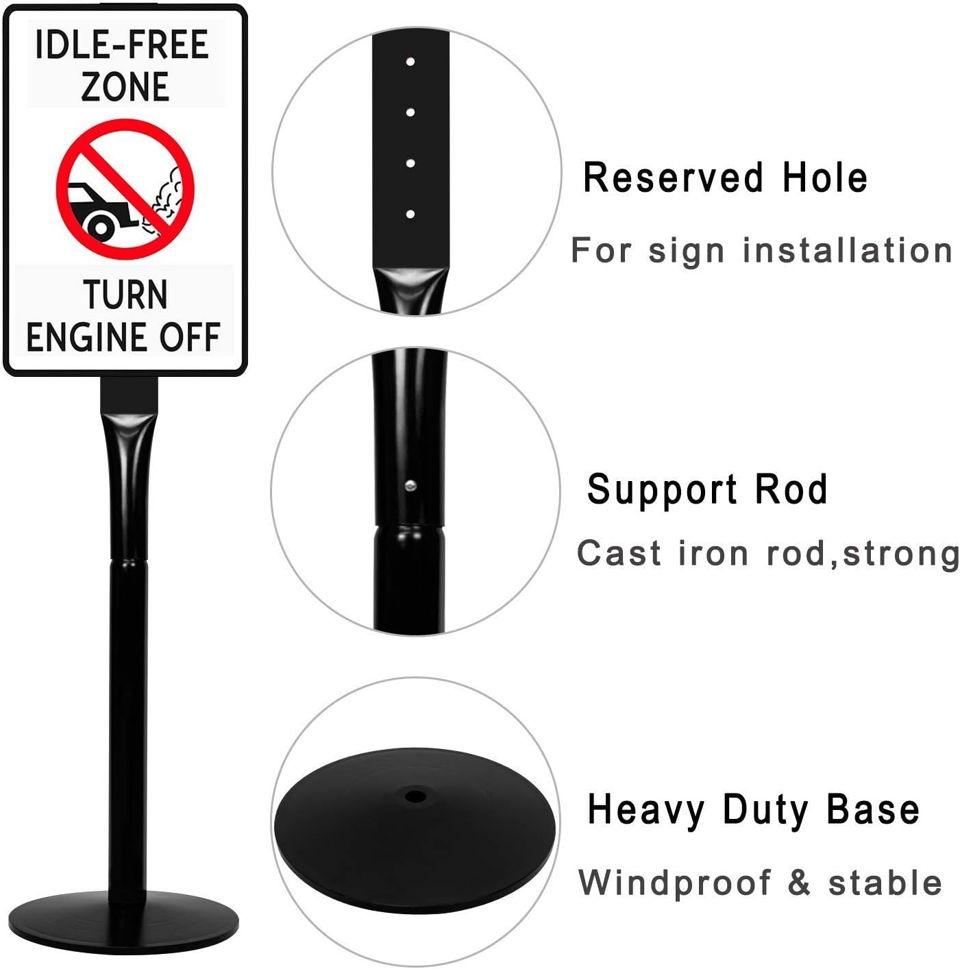 Parking Sign Post 48" Heavy Duty Cast Iron Parking Signs Stand, Movable Sign Stand for Hanging Signs, Black (15 pounds)
