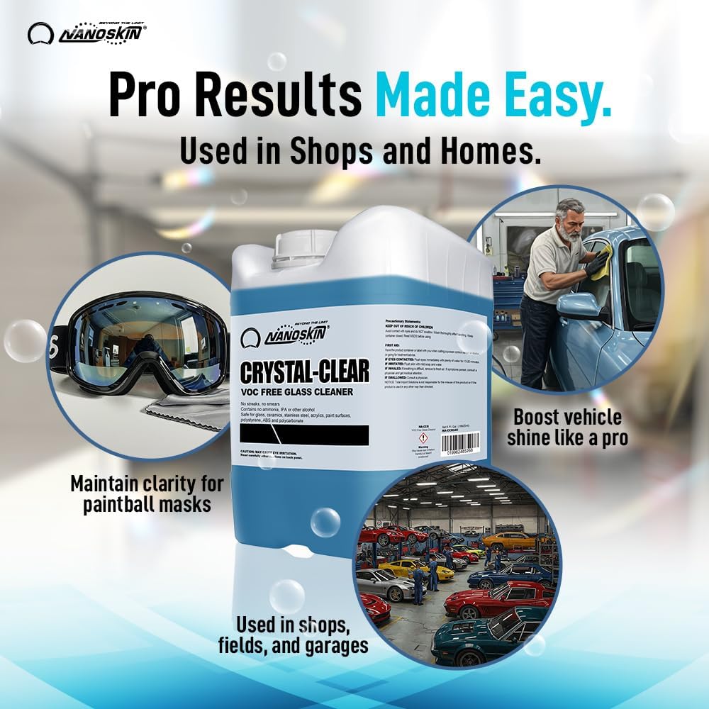 Nanoskin CRYSTAL-CLEAR VOC-Free Glass Cleaner 1 Gallon - Ultra-Concentrated, Eco-Friendly, Streak-Free Finish | Versatile Use for 40:1 Dilution | Perfectly Safe for Auto, Home, Garage & Beyond