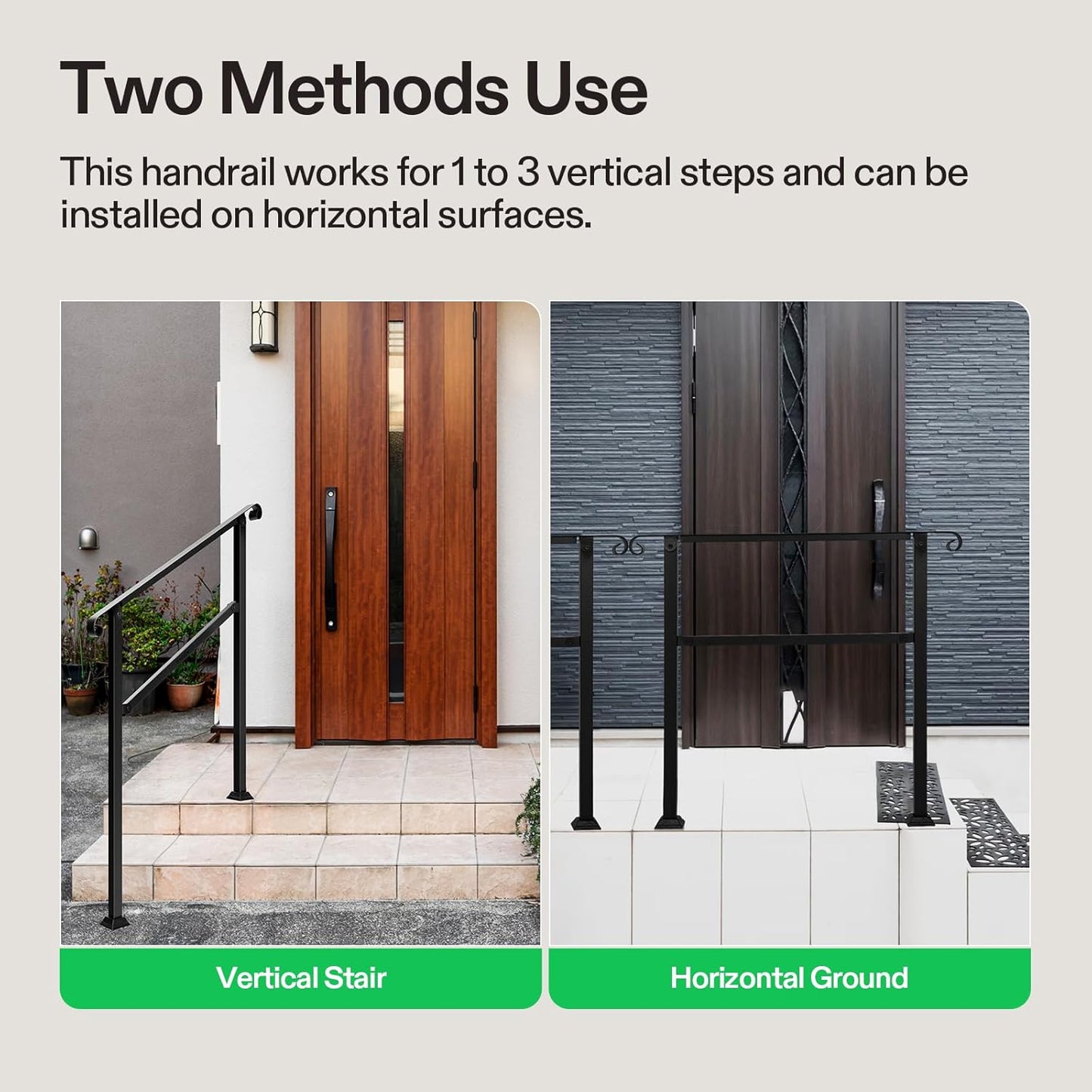 VIVOSUN Outdoor Handrail, 3 Step Stair Handrail, 40" x 36" Fits 1 to 3 Steps, Wrought Mattle Iron Stair Railing with Curved Ends for Concrete Steps, Porch Steps, One-Step Assembly, Black