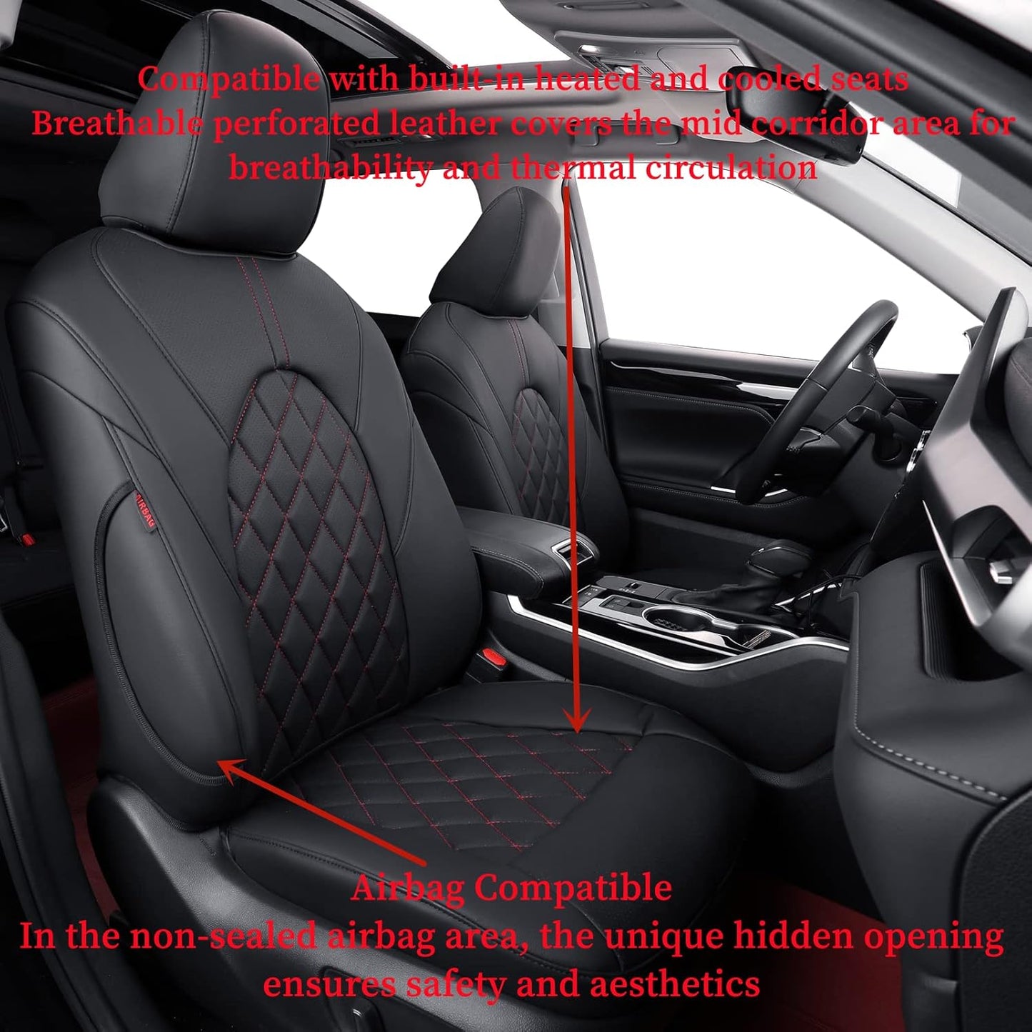 coverdream Camry Seat Covers Custom Fit for 2018-2024 Toyota Camry L LE SE SE Nightshade,Full Coverage Waterproof Leatherette Car Seat Protector (Full Set,Black/Red)