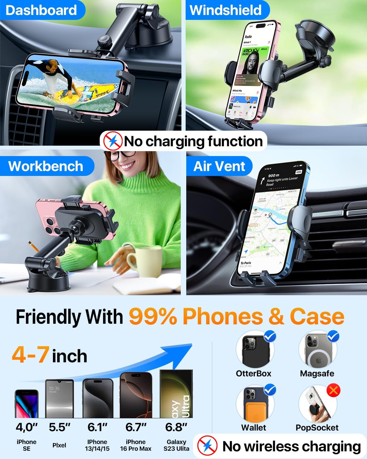 2025 Ultimate Car Phone Holderγ80+LBS Strongest Suction & Military-Gradeγ Universal Cell Phone Holder Truck Car Mount for Dashboard Windshield Air Vent for iPhone 16 Pro Max 15 Samsung 2pcs,Black