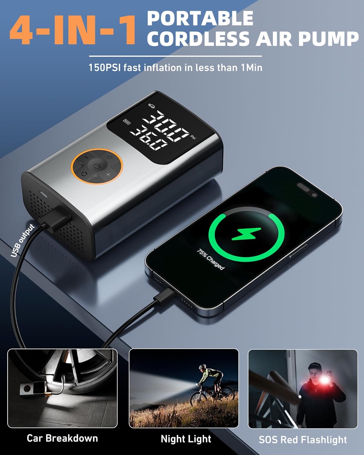 Tire Inflator Portable Air Compressor, Bike Pump, 150PSI Air Pump for Car Tires with LCD Dual Screen and Digital Tire Pressure Gauge, Air Compressor for Bicycle, Motorcycle, Compact Car, Ball