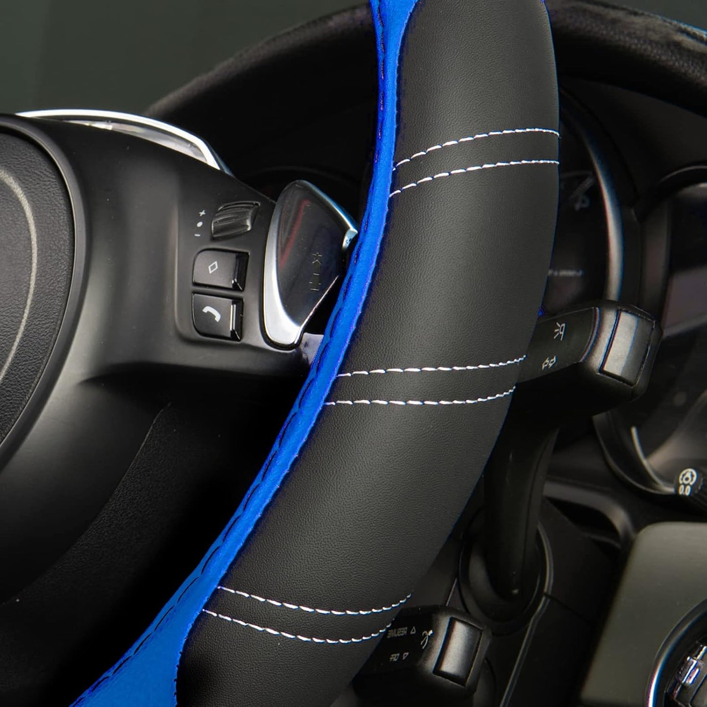 CAR PASS Line Rider Microfiber 15.5-16 Inch Leather Sporty Steering Wheel Cover Universal Fits for Truck SUV Cars Pick up, Anti-Slip Safety Comfortable Design (Black and Blue)
