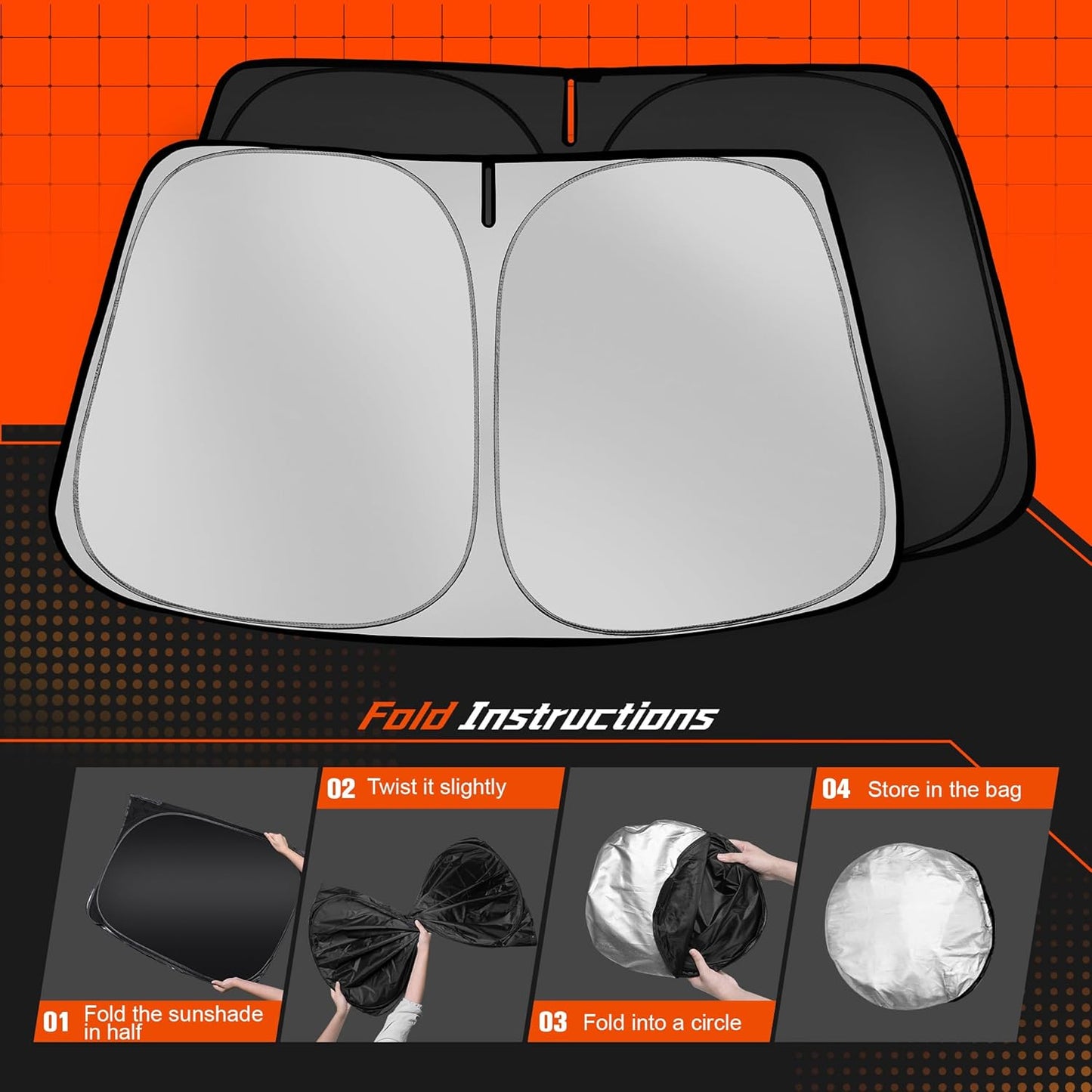 Custom Fit Windshield Sun Shade for Ford Super Duty F250 F350 F450 F550 2017-2022 - Full Coverage, 210T Reflective Fabric,Blocks 99% UV Rays, Easy to Install and Store