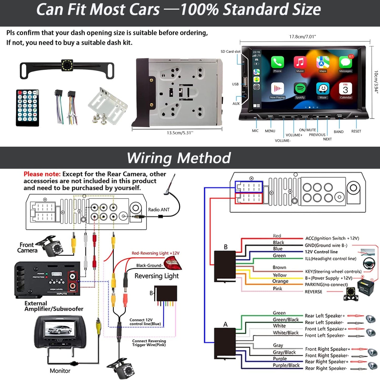 7 Inch Double Din Car Stereo Support Apple CarPlay Android Auto Mirror Link Capacitive Touchscreen Monitor Car Play Radio with Bluetooth 5.0, FM Radio, USB/TF/AUX Port, Backup Camera, Remote Control