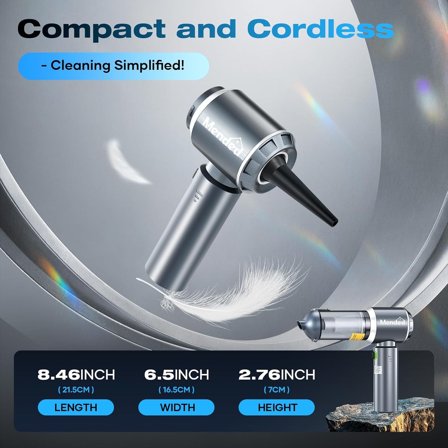 MENDED Handheld Car Vacuum Cleaner Portable Cordless,3 in 1 High Power Hand Vacuum Cordless Rechargeable with One Click Dust Removal for Car,Office and Home Cleaning 15000PA HL127 Silver