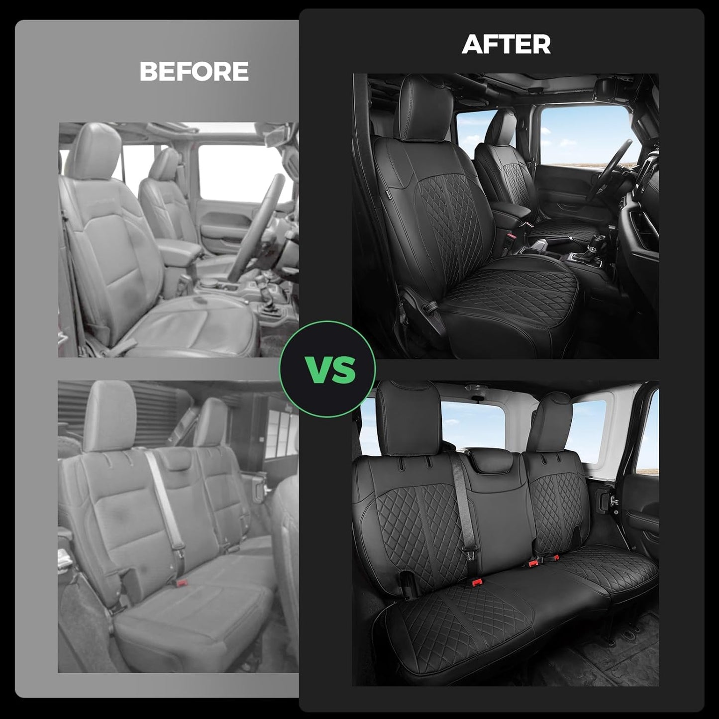 for Jeep Wrangler Seat Covers 4Door JL 2018 2019 2020 2021 2022 2023 2024 2025, Custom Fit Car Seat Cover Full Set, Luxury Waterproof Leather Seat Protectors, Black, W/O Rear Cup Holder