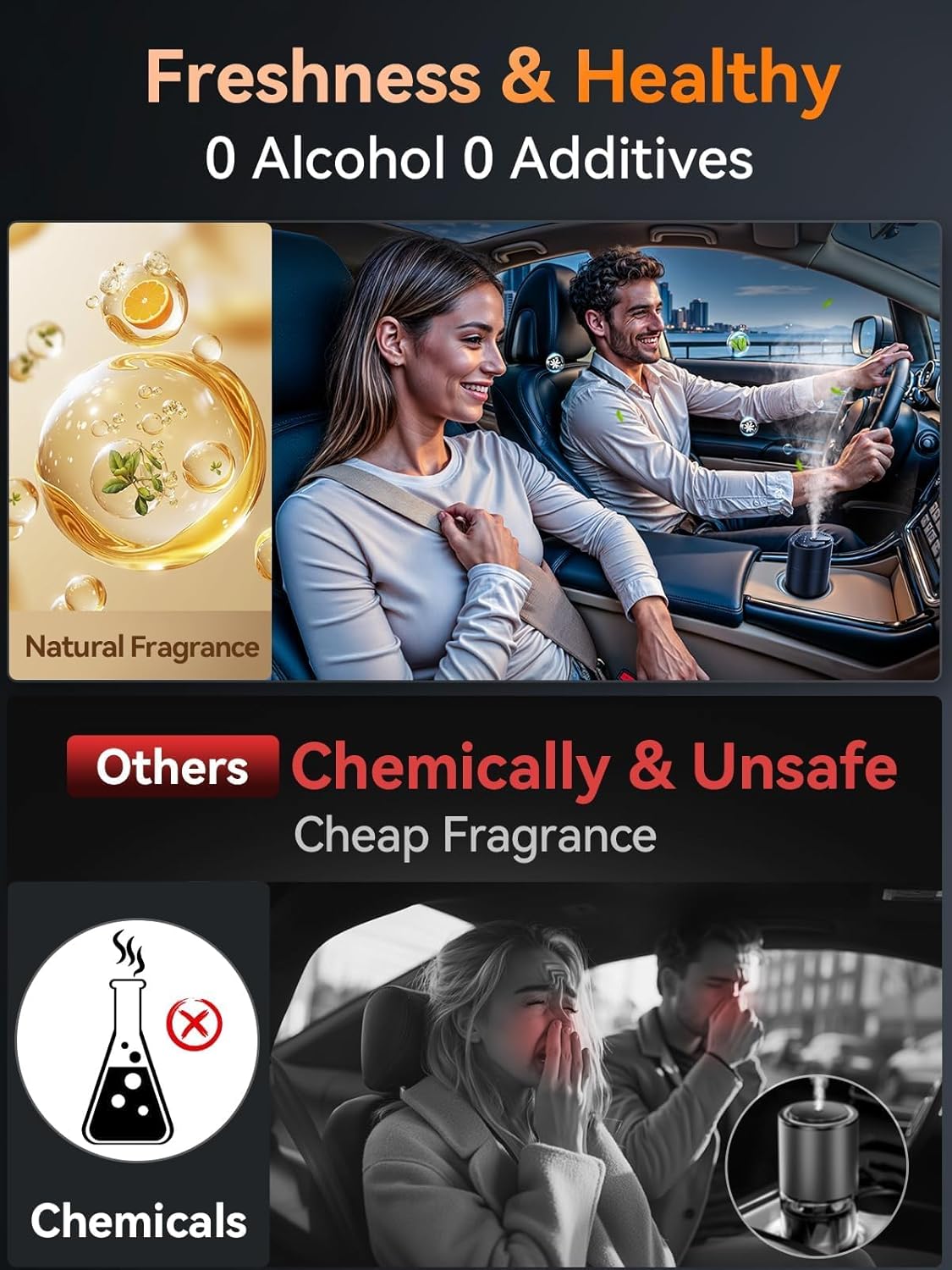 Ceeniu Smart Car Air Fresheners, New smell experience by Ultrasonic mist, Auto On/Off, Powerful Built-in Battery, Long lasting natural fragrance, Adjustable car freshener, Bamboo scent