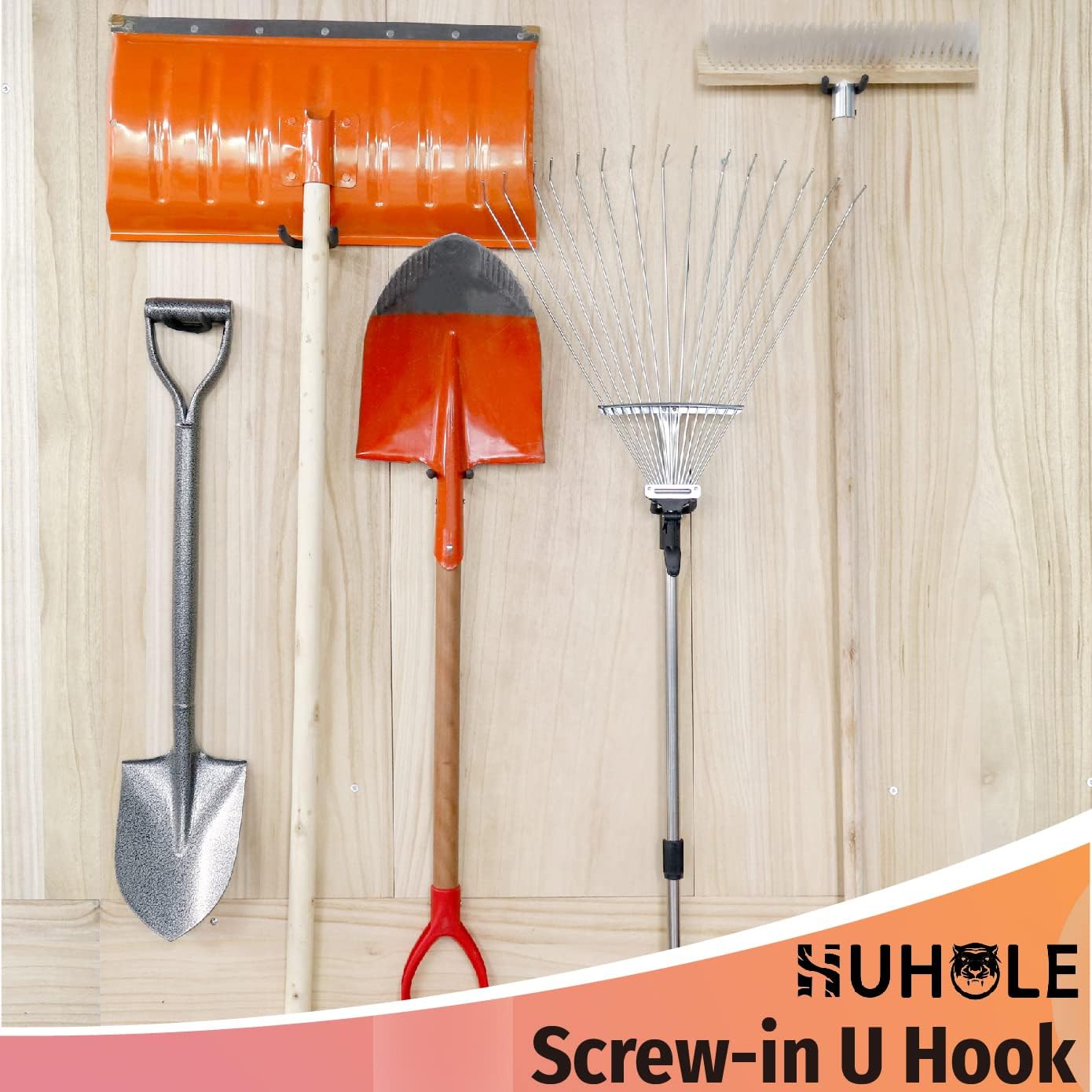 HUHOLE Screw in U Hook, Black Heavy Duty, 6PC, Shovel Holder Wall Mount, U Hooks for Hanging Garden Tools