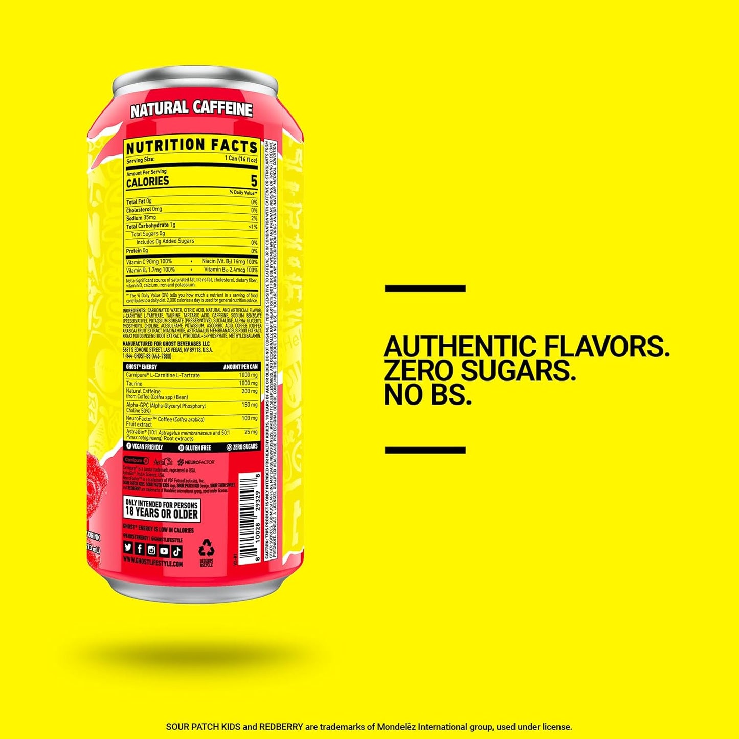 GHOST Energy Drink - 12-Pack, Sour Patch Kids Redberry, 16oz - Energy & Focus & No Artificial Colors - 200mg of Natural Caffeine, L-Carnitine & Taurine - Gluten-Free & Vegan