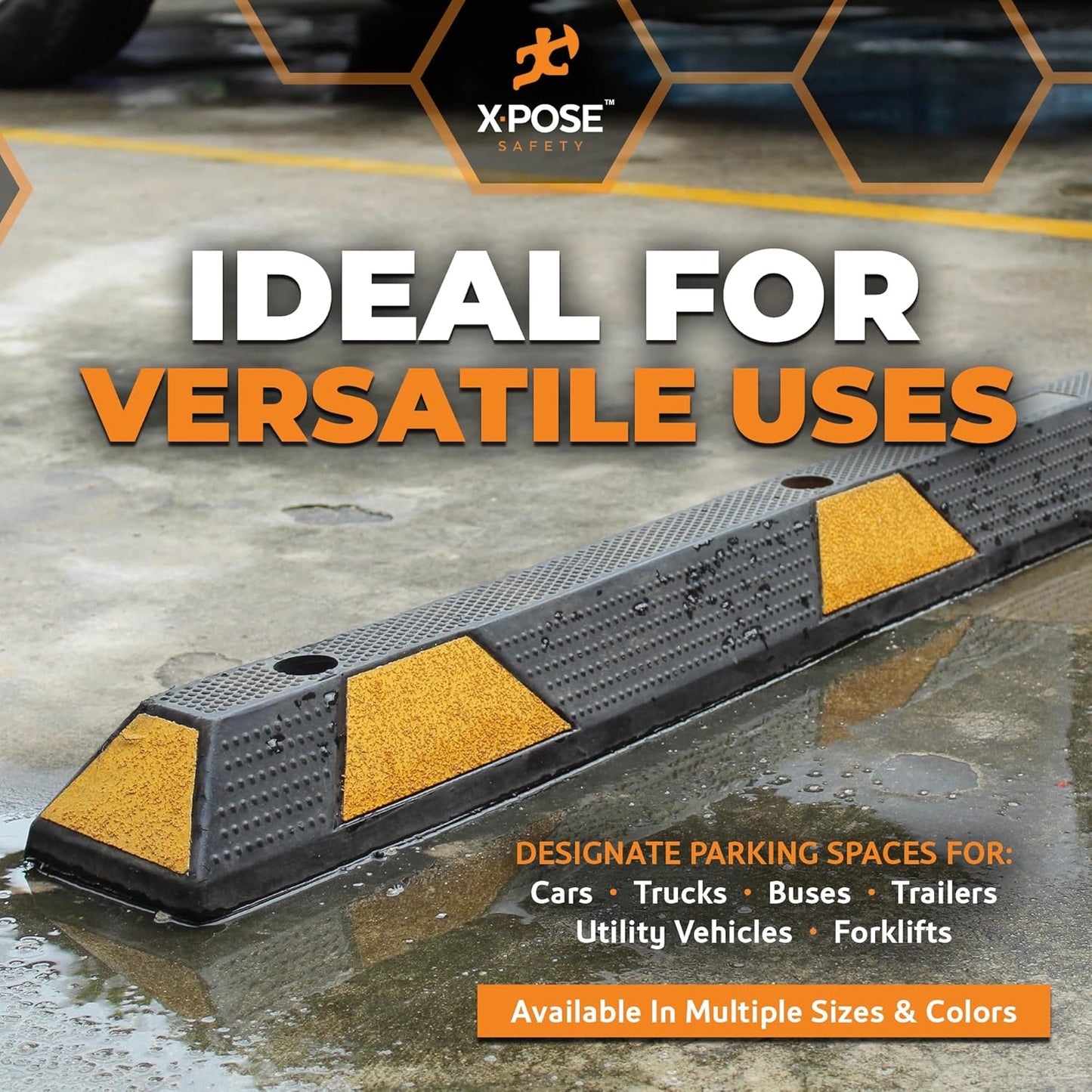 Xpose Safety 72" Heavy Duty Rubber Parking Stopper – 1 Pack Wheel Blocks for Garage, Driveway, or Ramp – Car Bumper Stop with Yellow Reflective Strips – Removable Floor Mount