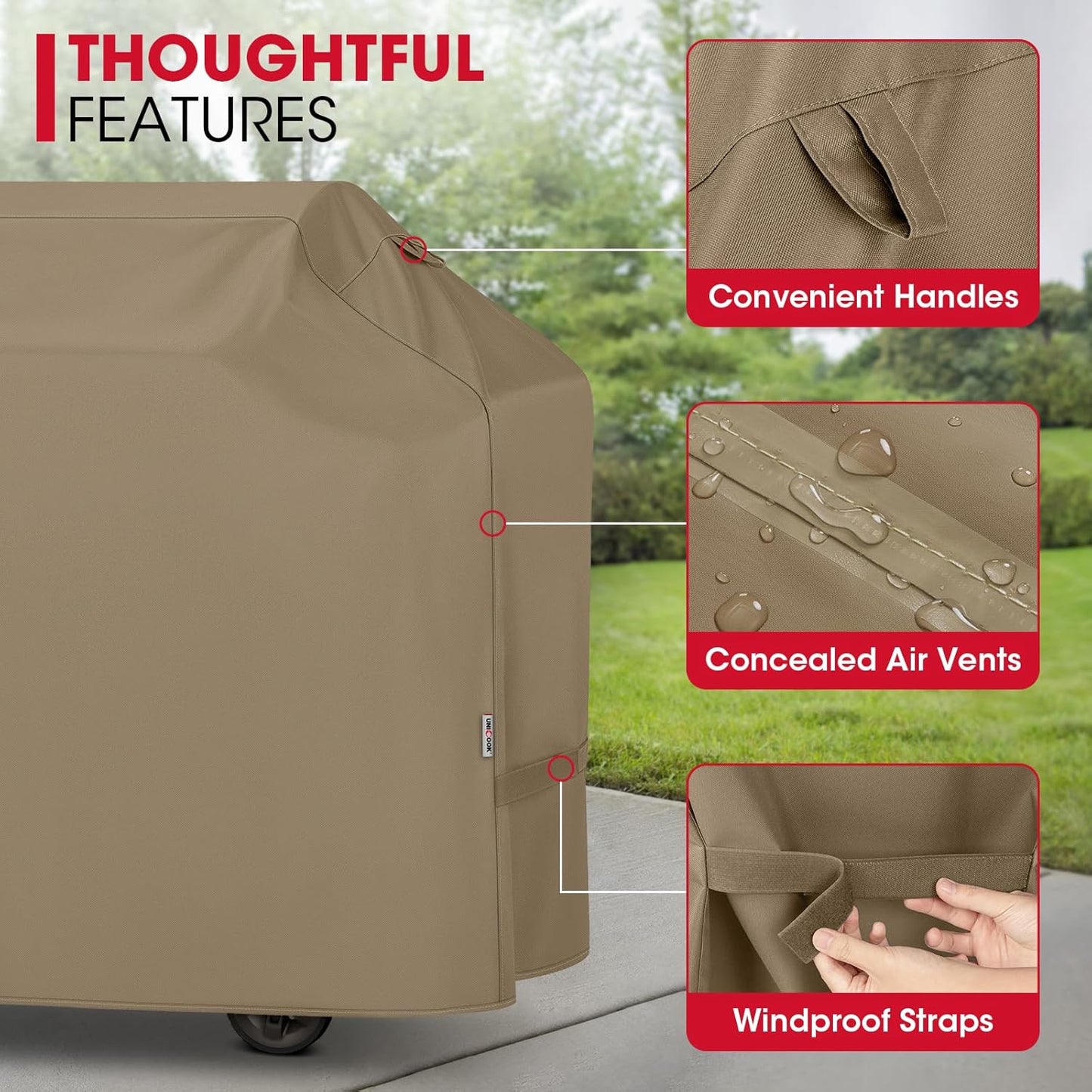 Unicook 65 Inch Grill Cover, Heavy Duty Waterproof Gas Grill Cover for Outdoor, Fade Resistant Barbecue Protector with Sealed Seam, Fits Weber Char-Broil Nexgrill BBQs up to 63" Wide, Neutral Taupe