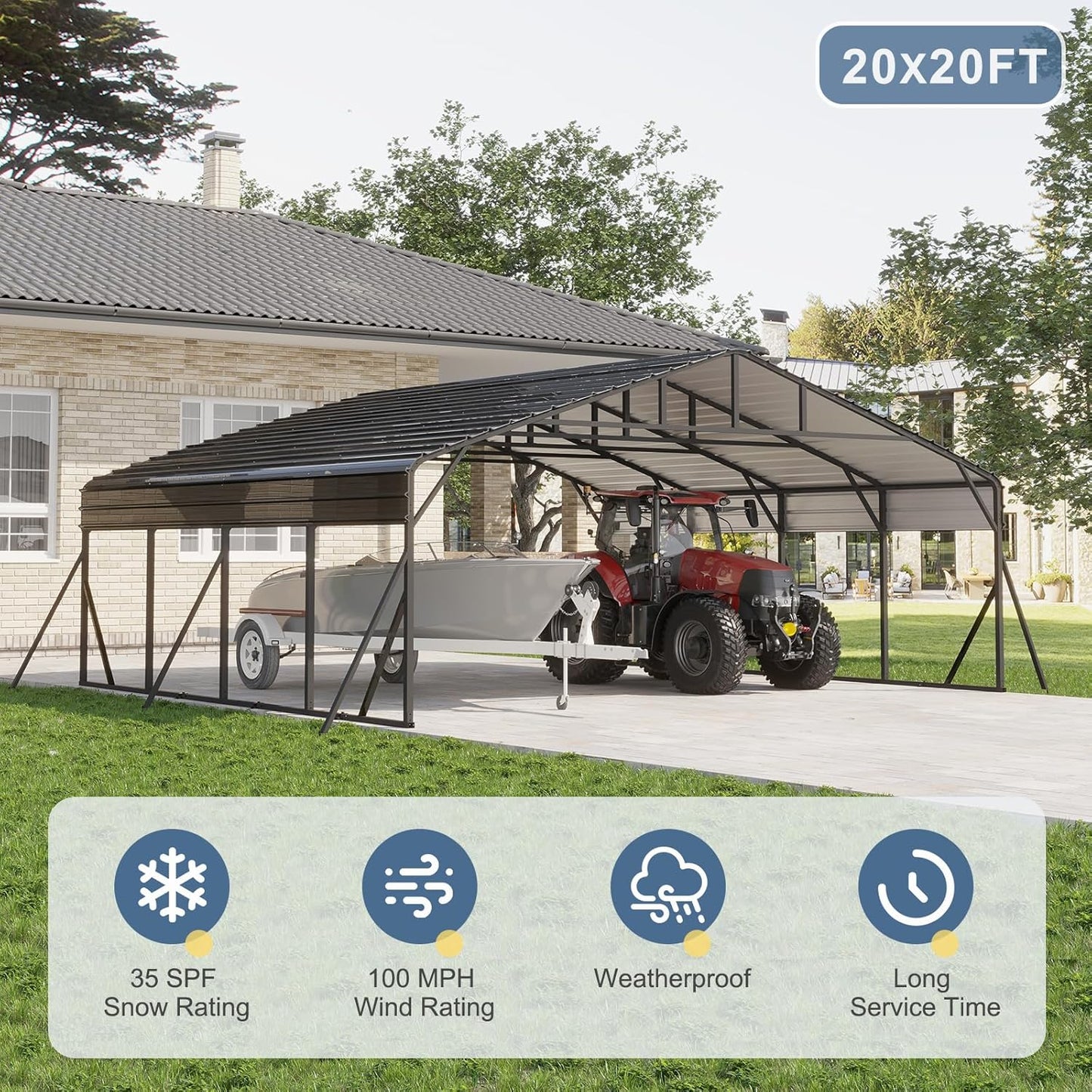 20x20 FT Metal Carport, Garage with Updated Frame Structure, Galvanized Steel Roof and Enhanced Base Canopy, Metal Garage Car Shelter Shade for Car, Boats and Truck