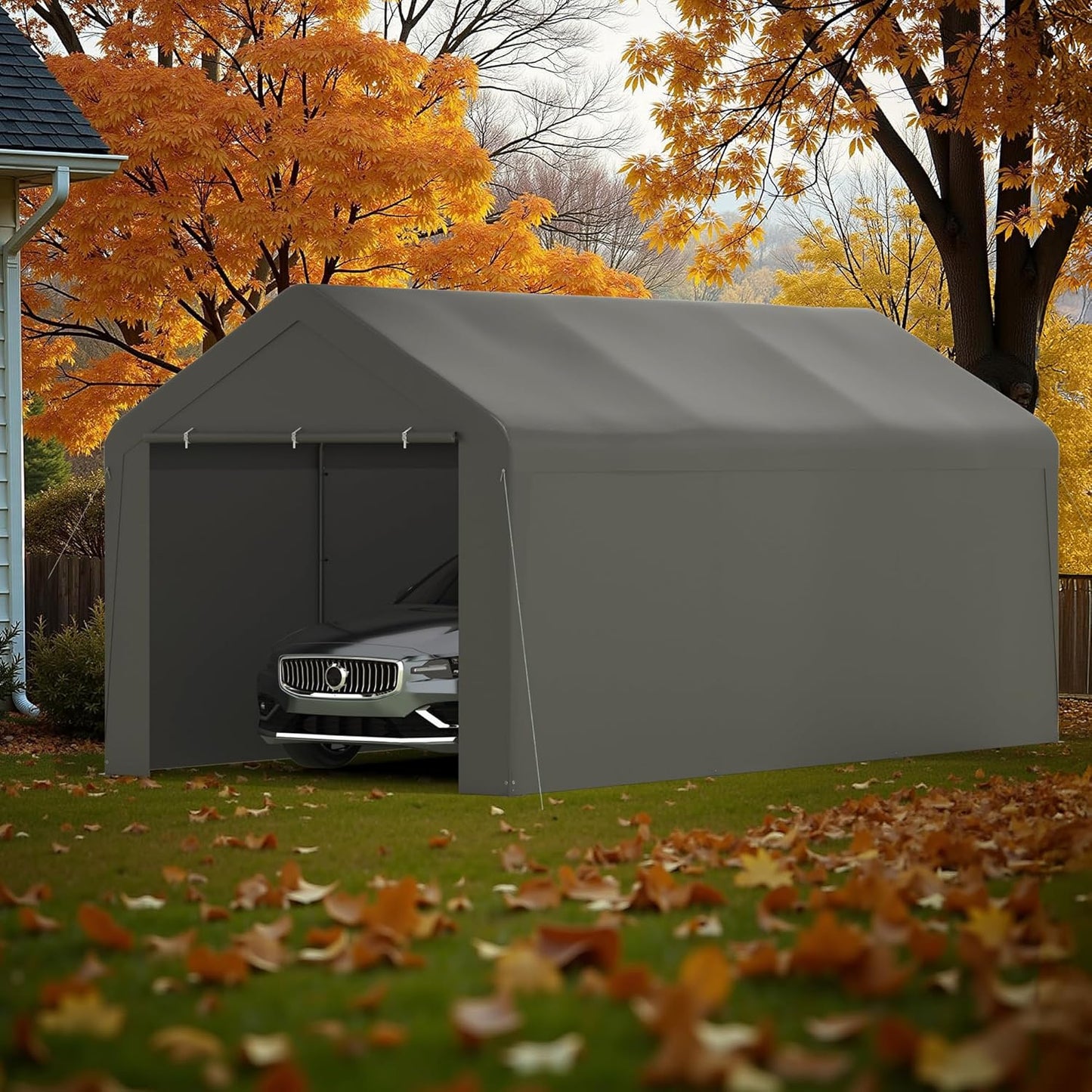 Carport, 10‘ x 20’ Heavy Duty Portable Garage All-Season Car Canopy w/Removable Sidewall & Doors, Carport Canopy Party Tent w/Water-Resistant Tarp for Backyard (Grey, 10‘ x 20’)