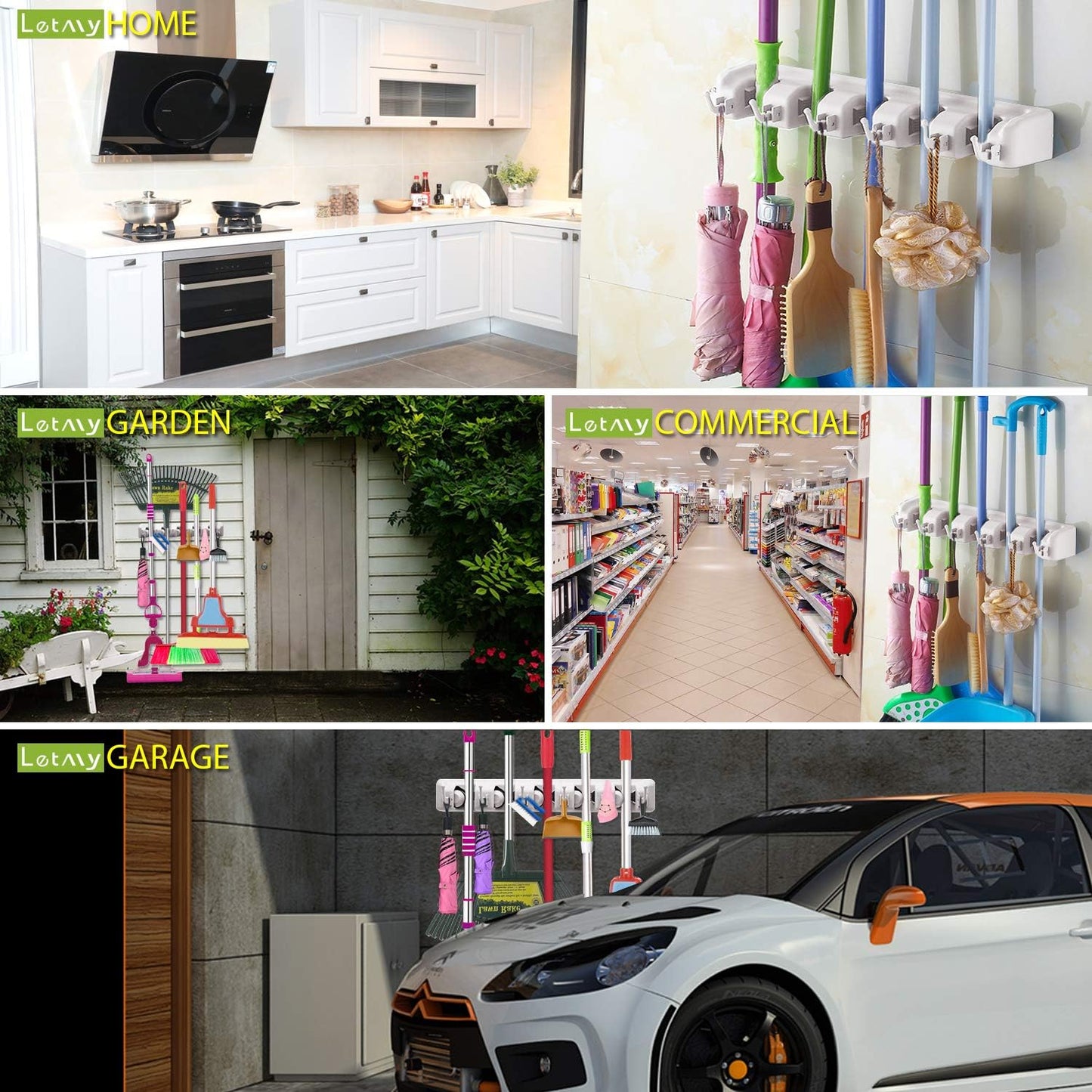 LETMY Broom Holder Wall Mount - Mop and Broom Hanger Holder - Garage Storage Rack & Garden Tool Organizer - 5 Position 6 Hooks Broom Rack for Home, kitchen, Garden, Tools, Garage Organization - White
