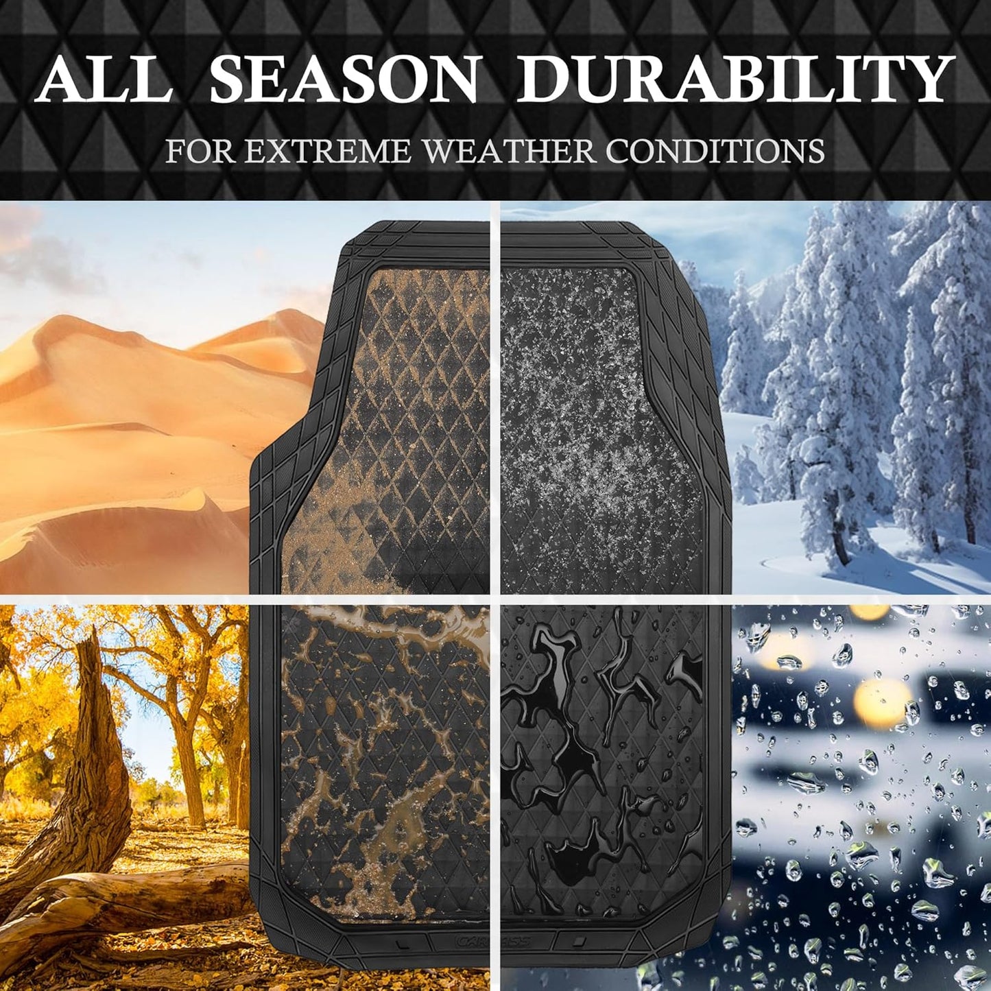 CAR PASS Black Rubber Car Floor Mats & Cargo Liners, Durable Anti-Slip 3D Rhombus Waterproof Automotive Pad Trim Fit Liner All-Weather Trunk Mats Full Set Universal Fit Auto Van Sedan SUV Truck Black
