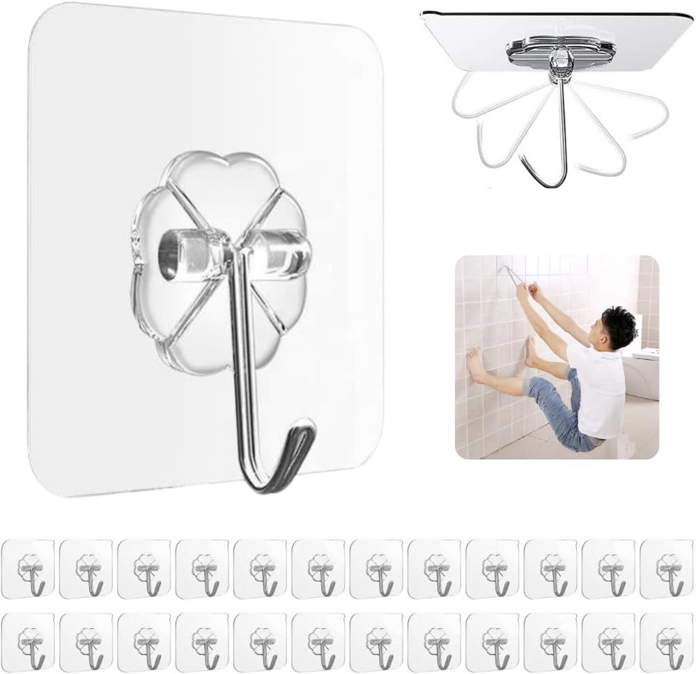 24 Pack Adhesive Hooks for Hanging - Heavy Duty, Wall Hooks for Hanging, Adhesive Wall Hook, No Damage, Waterproof, 33Ib Max, for Bathroom, Kitchen, Towel, Coat, Key