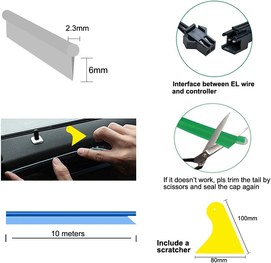 El Wire Green Interior Car LED Strip Lights, 10M Neon Wire USB 5V with Fuse Protection for Automotive Car Interior Decoration with 6mm Sewing Edge