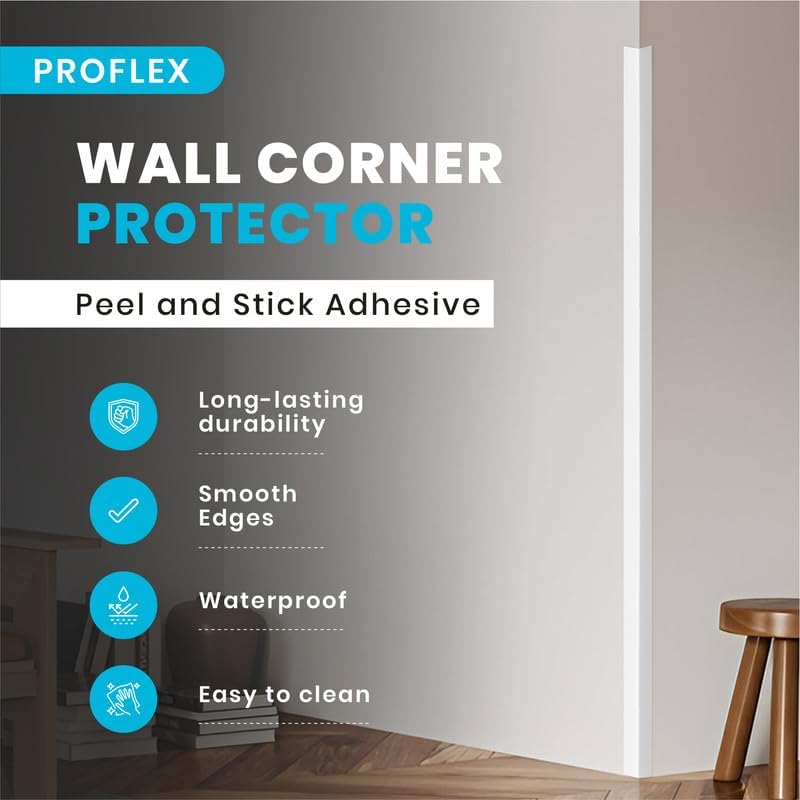 Proflex Wall Corner Protector - Pack of 6 Self Adhesive Corner Guards for Walls Edge Protection - 1-1/2 inch x 36 inch, White Textured – Easy to Apply – No Tools Needed