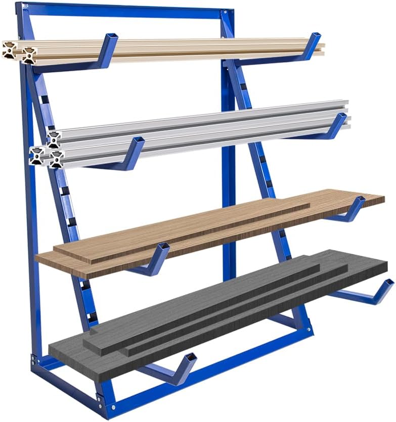 Yeeoy 4 Tier Steel Horizontal Lumber Storage Rack, Heavy Duty Pipe Organizer Shelf, Adjustable Bar Storage Cantilever Rack for Garage Workshop Shed Basement, 2000lbs Load Capacity, Blue