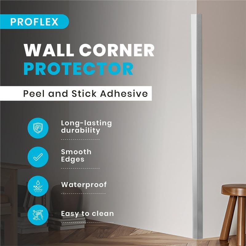 Proflex Wall Corner Protector - Pack of 6 Self Adhesive Corner Guards for Walls Edge Protection - 1-1/2 inch x 48 inch, Brushed Aluminum – Easy to Apply – No Tools Needed