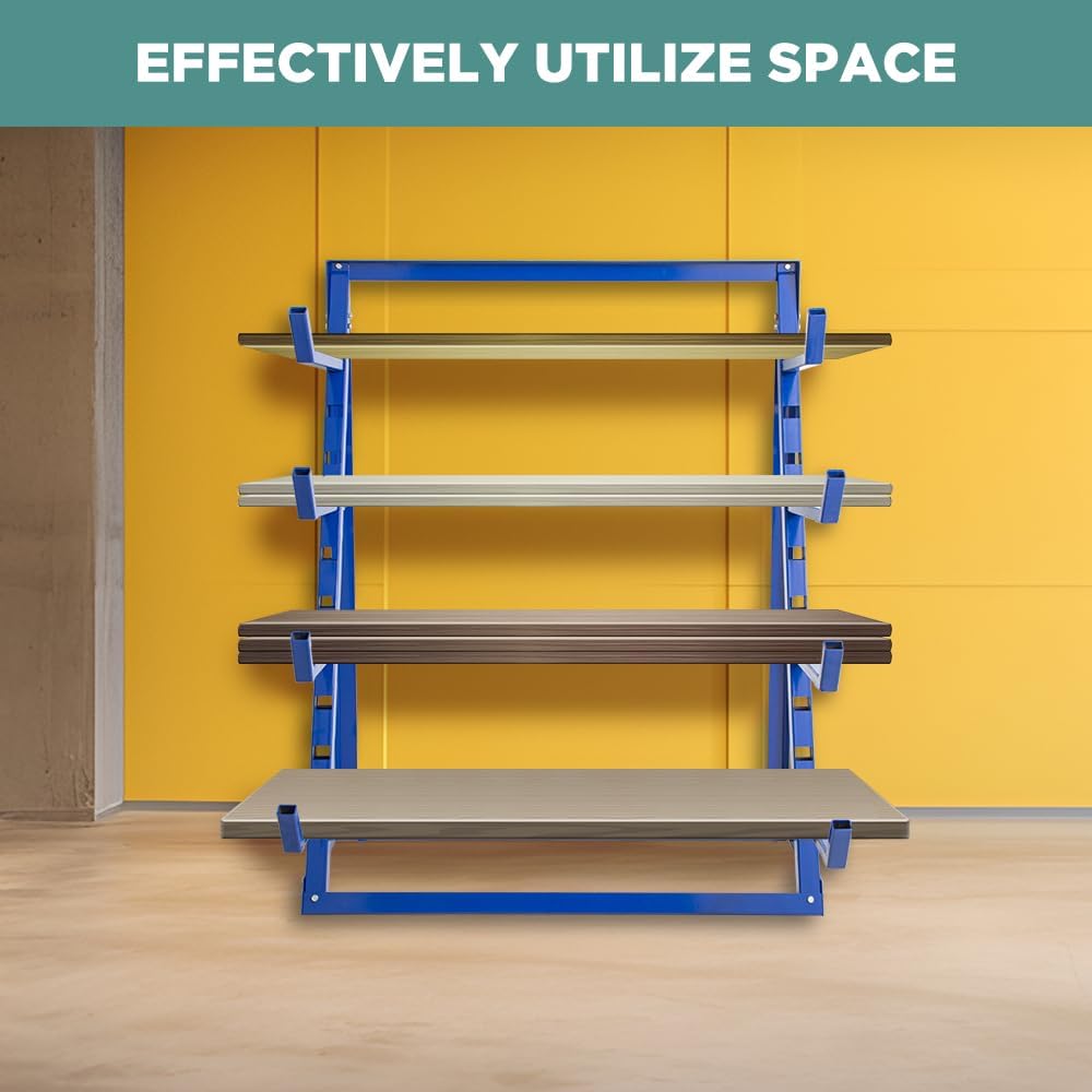 Yeeoy 4 Tier Steel Horizontal Lumber Storage Rack, Heavy Duty Pipe Organizer Shelf, Adjustable Bar Storage Cantilever Rack for Garage Workshop Shed Basement, 2000lbs Load Capacity, Blue