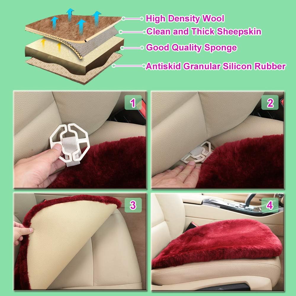 Fluffy Genuine Australia Sheepskin Car Seat Cover for Auto Interior Accessories with Soft Fuzzy Wool Eco-Friendly Natural Fur Non-Slip (Alpine Green, Front)