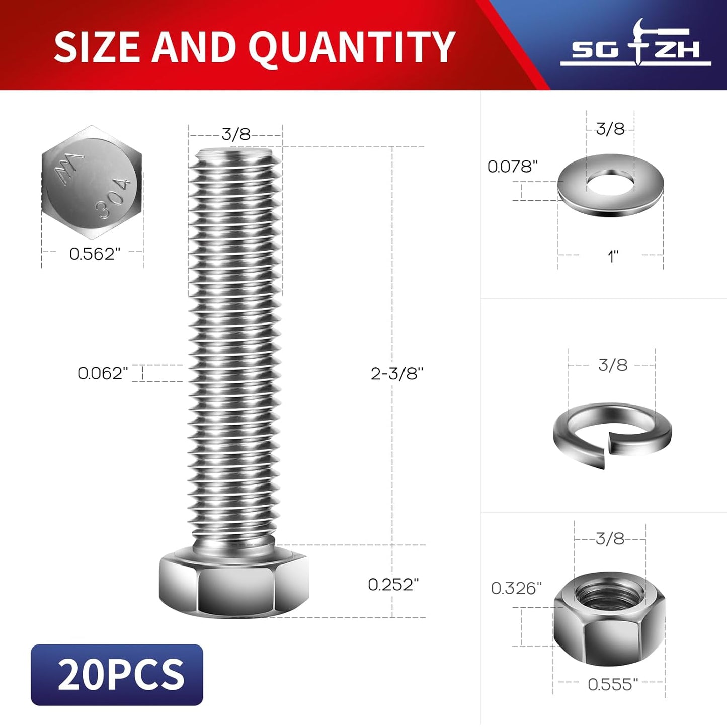 3/8-16 x 2-3/8" Hex Head Screw Bolt, Nuts, Flat & Lock Washers, 20Pcs 18-8 (304) Stainless Steel, Fully Threaded, by SG TZH