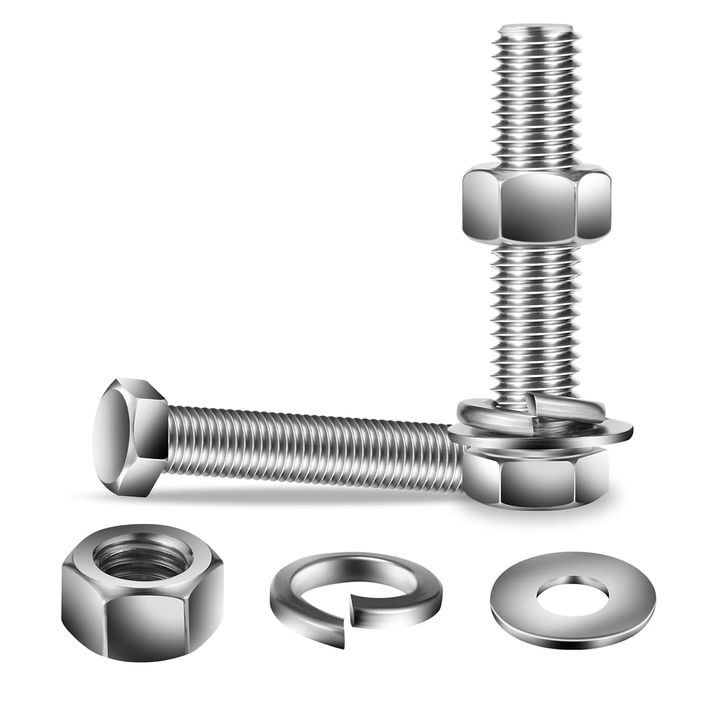 1/4-20 x 3" Hex Head Screw Bolt, Nuts, Flat & Lock Washers, 10Pcs 18-8 (304) Stainless Steel, Fully Threaded, by SG TZH