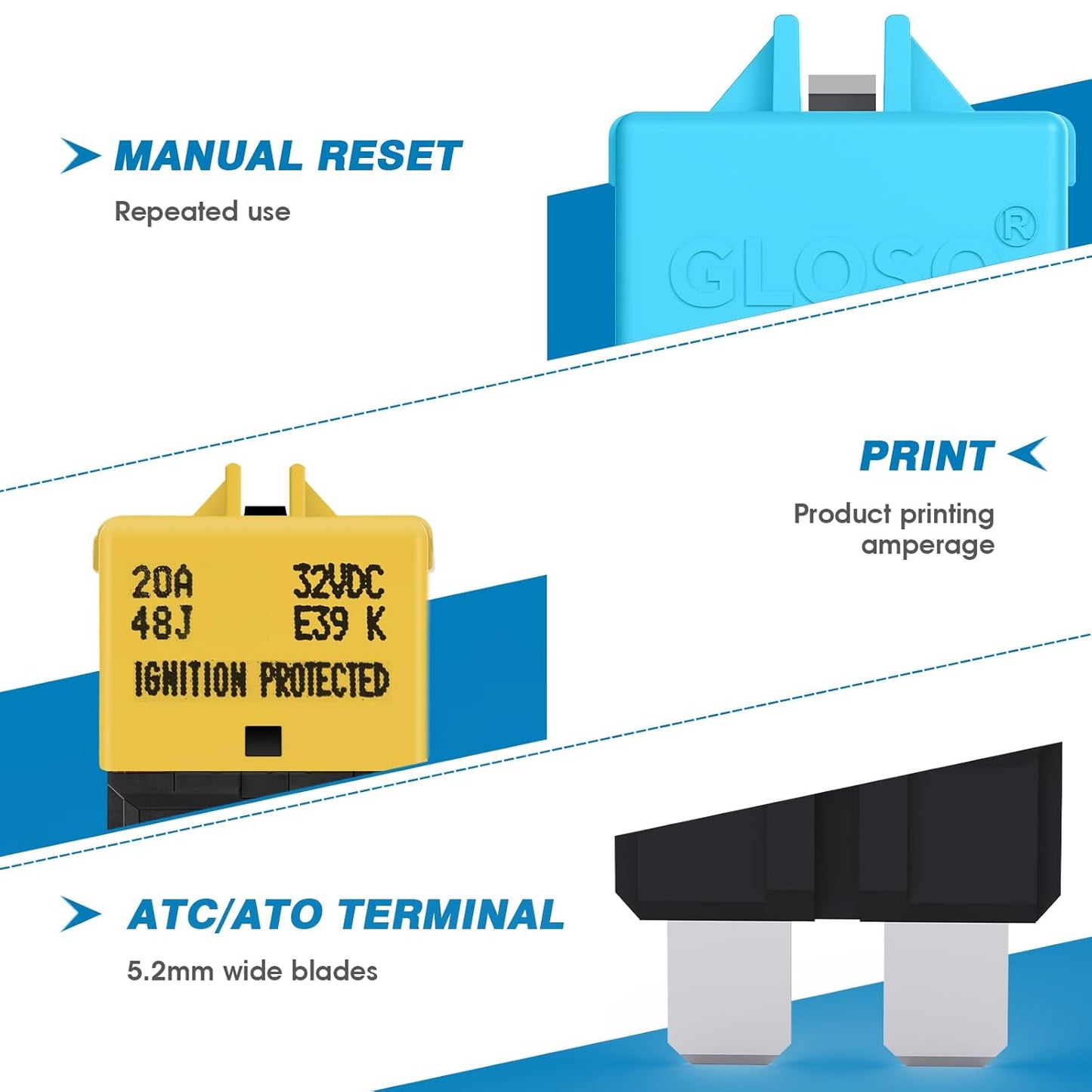GLOSO Circuit Breaker Blade Fuse E39 (T3) Manual Reset Fuse for Car Truck RV Automotive Marine Boat Trolling Motor & Custom Wiring Audio Battery Protection/Low Profile ATC/ATO (6A - 1 Pack)