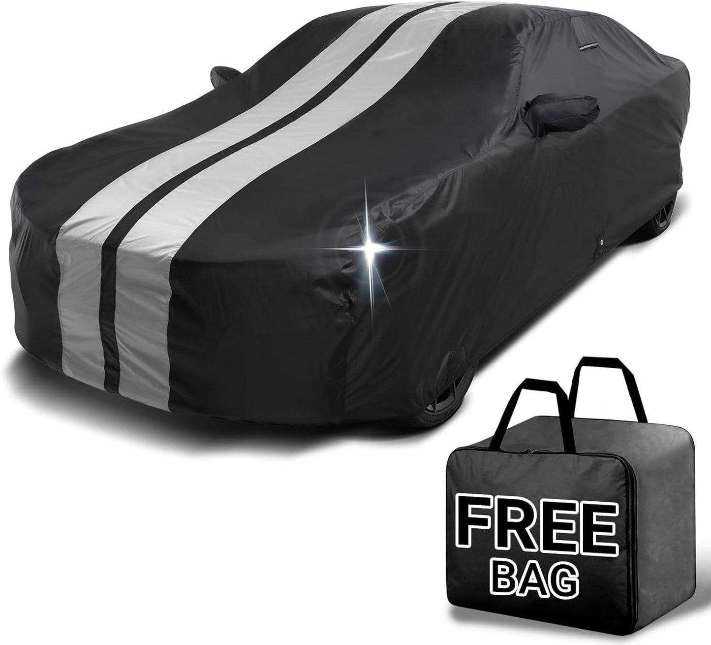 iCarCover Custom Car Cover for Chevy Aveo Sedan (2004-2022) Waterproof All Weather Rain Snow UV Sun Protector Full Exterior Indoor Outdoor Car Cover (Stripe - Black/Gray)