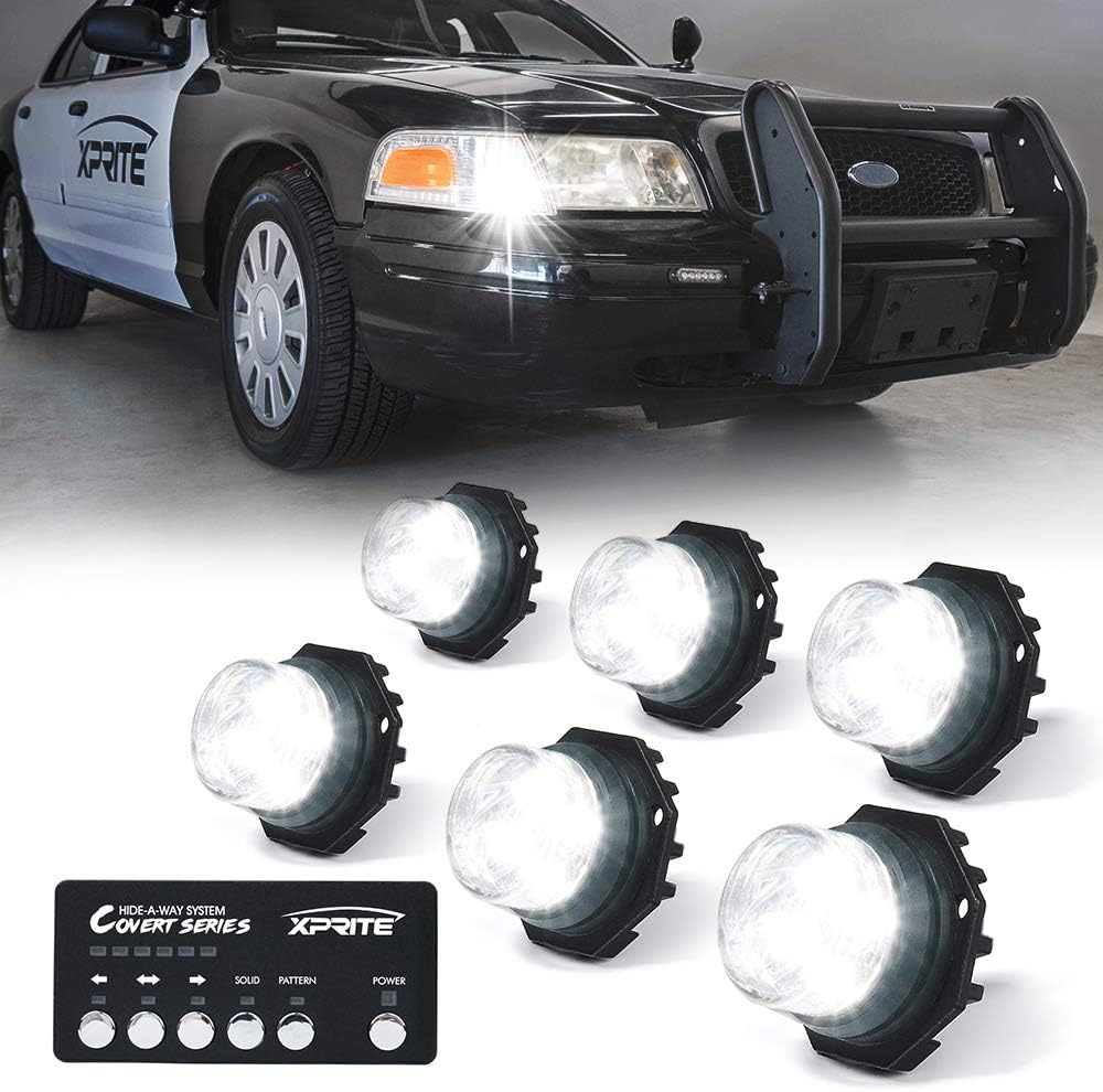 Xprite White LED Hideaway Emergency Strobe Lights Kit, 20 Flashing Modes w/Controller Headlights Taillights Fog Light Mounting, Hazard Warning Caution Light for 12V Vehicles Pickup Trucks Vans 6PCS