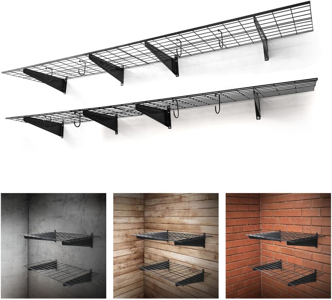Fencer Wire 96 in. W x 18 in. D Wall Mounted Garage Wall Shelving w/ 4 Hooks, Black Wall Shelf, Heavy Duty Garage Wall Storage System, Garage Organizer Floating Shelves, 1000lb Weight Capacity