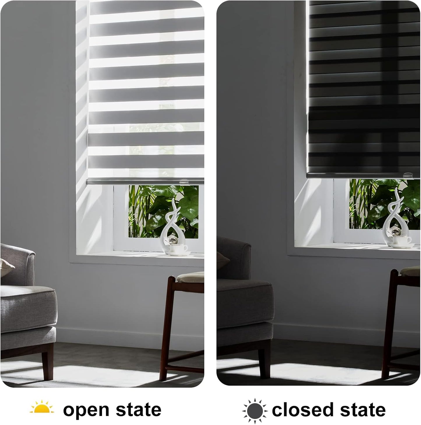 Persilux Cordless Zebra Blinds for Windows Free-Stop Roller Windows Shades (23" W X 64" H, Grey) Dual Layer Light Control for Day and Night, Light Filtering Sheer Shades for Home
