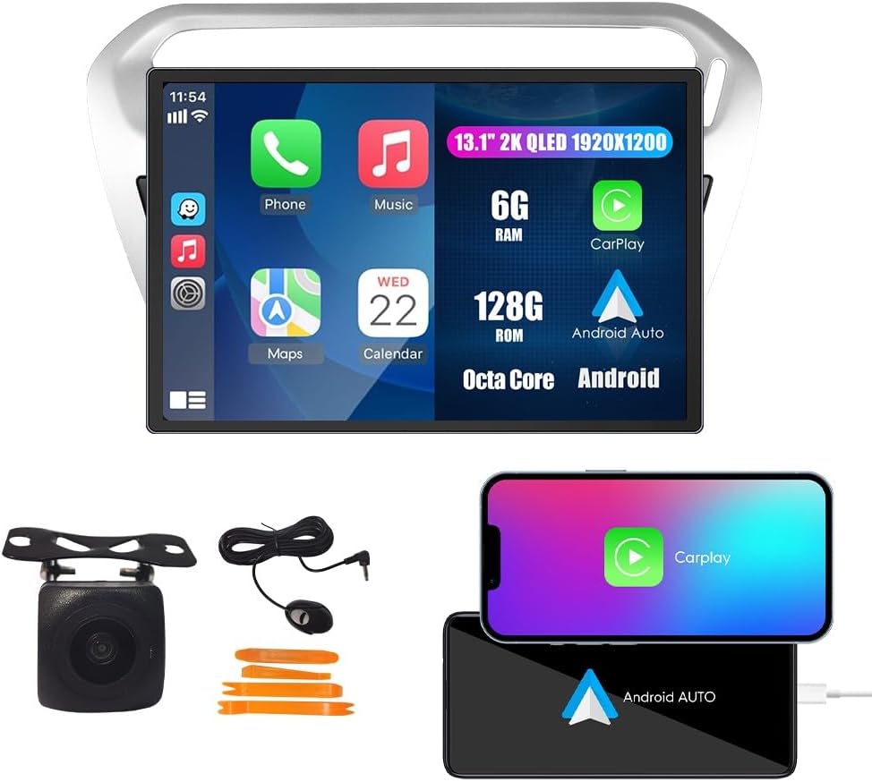 Kunfine Car CarPlay Android Auto Navigation Stereo GPS Radio Reverse Camera Display 13.1" QLED Touchscreen Headunit Tablet Pad Media Player For Peugeot 301 13-22 if Applicable Octa Core 6G+128G Silver