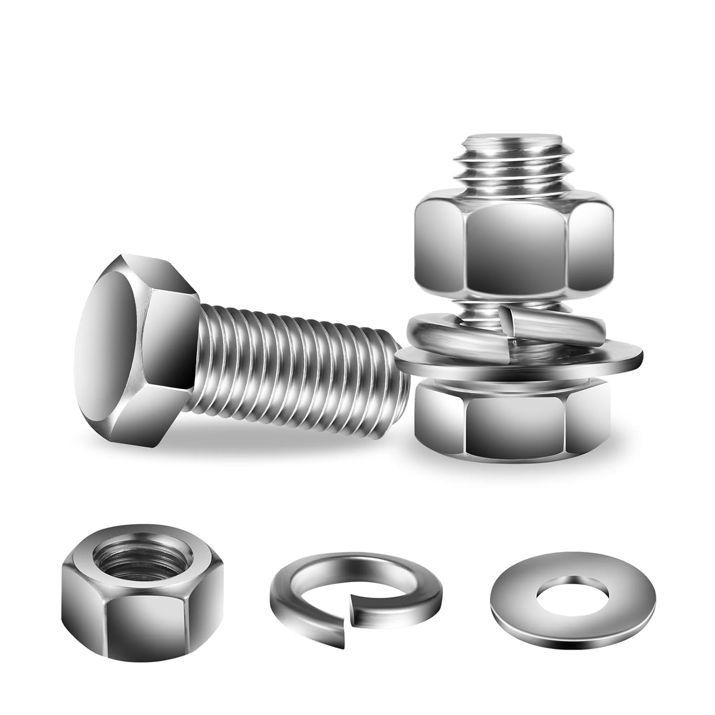 1/2-13 x 1" Hex Head Screw Bolt, Nuts, Flat & Lock Washers, 10Pcs 18-8 (304) Stainless Steel, Fully Threaded, by SG TZH