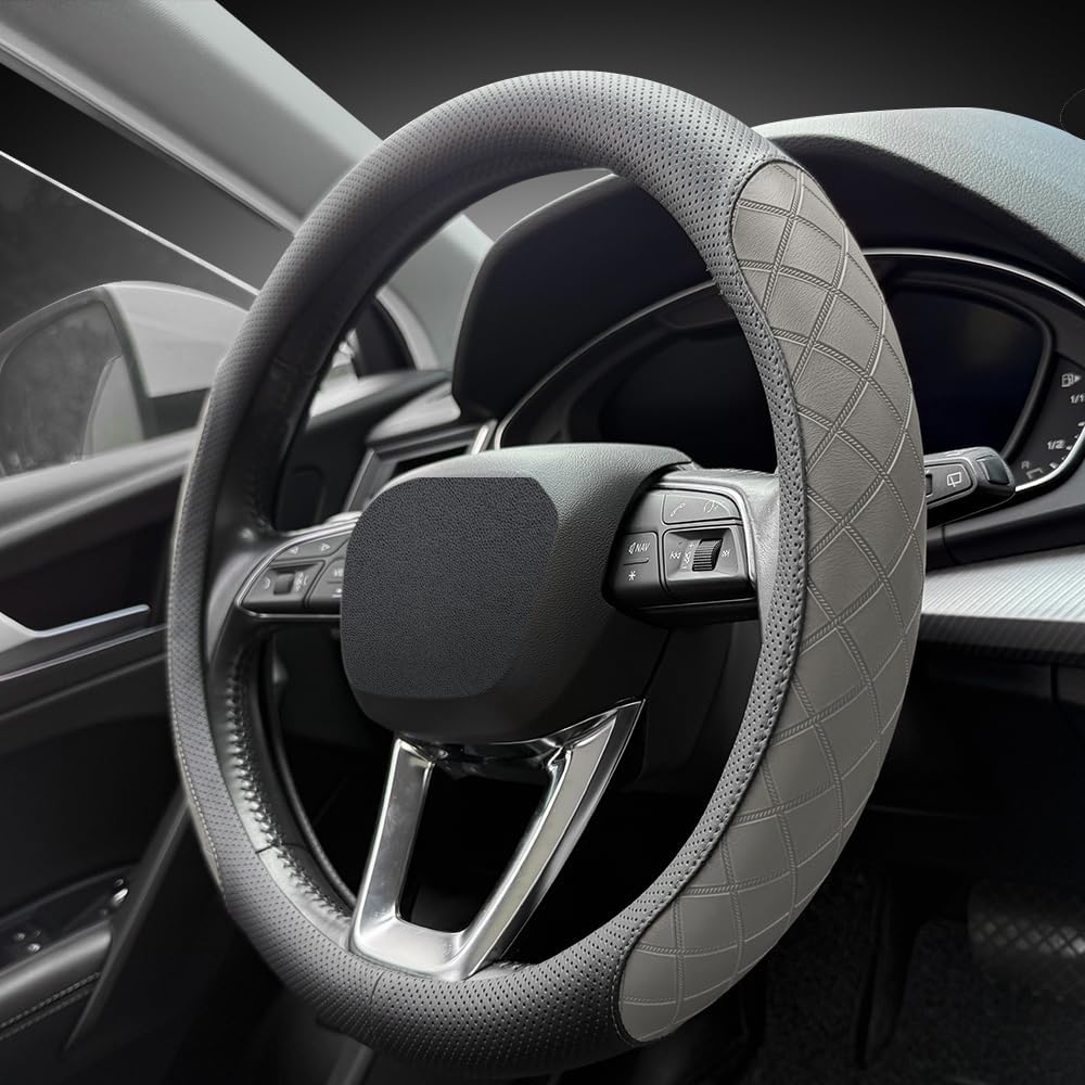 LKWLIKEI Nappa Leather Steering Wheel Cover,Elegant Diamond Checkered Design, Non-Slip wear-Resistant, Enhance Driving Comfort, Suitable for Steering Wheel Diameter 14 1/2‘-15’ Models.Black Gray