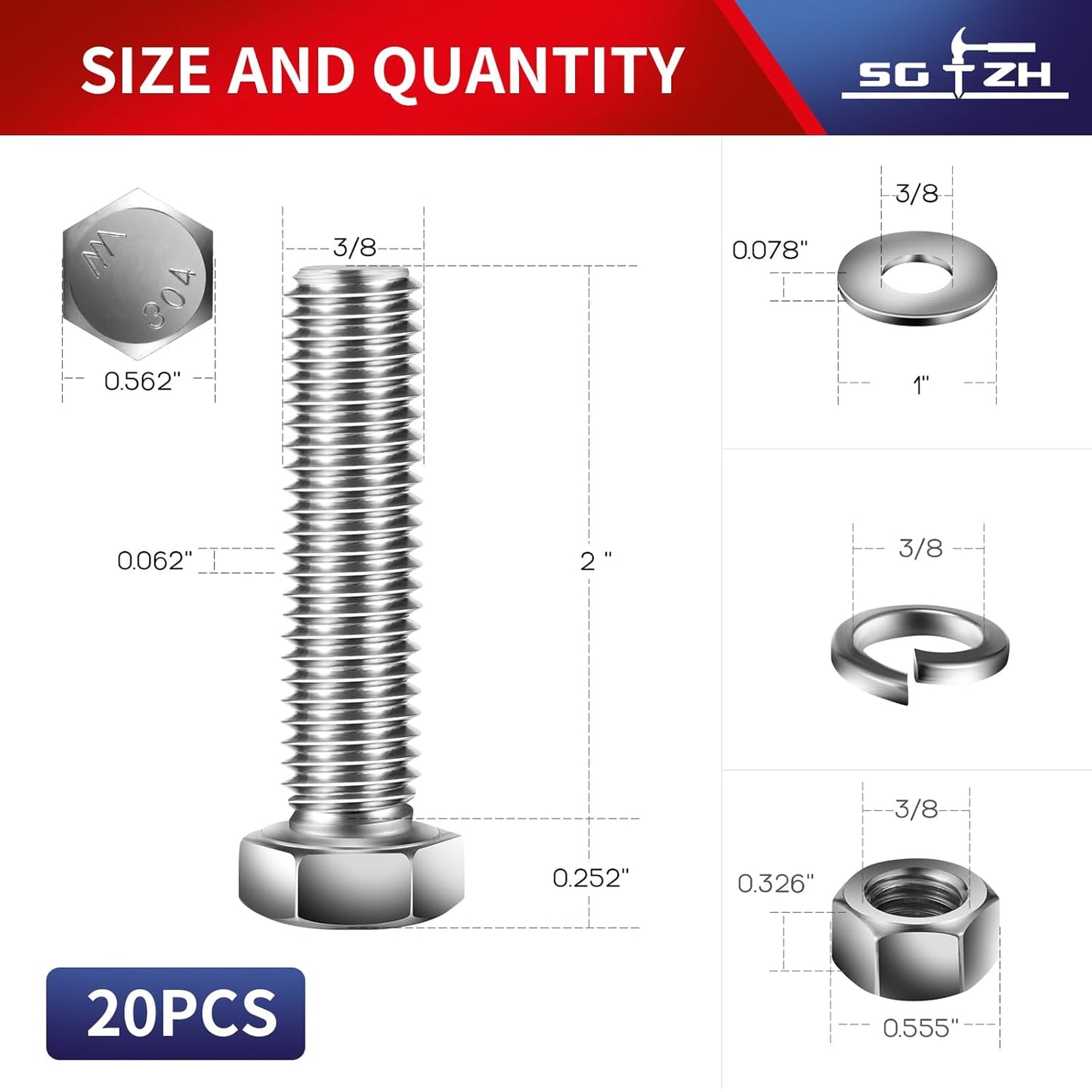 3/8-16 x 2" Hex Head Screw Bolt, Nuts, Flat & Lock Washers, 20Pcs 18-8 (304) Stainless Steel, Fully Threaded, by SG TZH