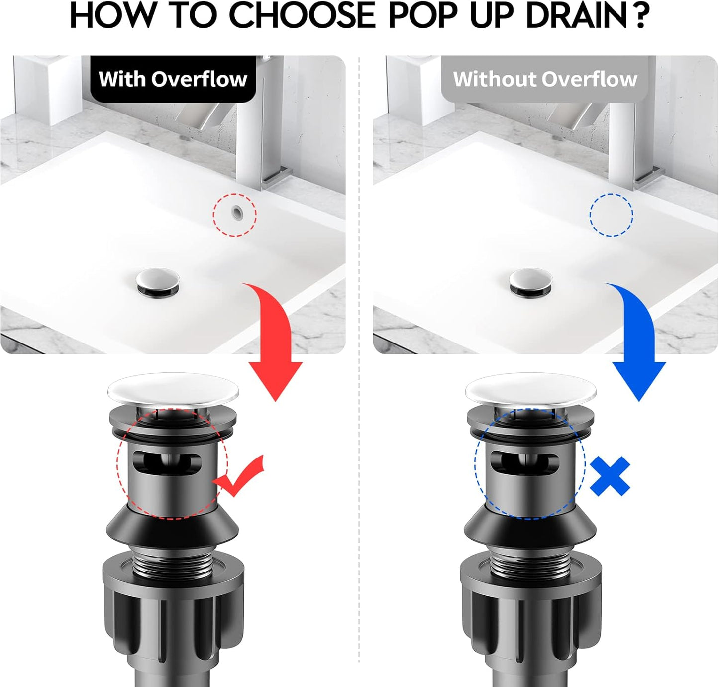 Bathroom Sink Drain with Overflow, PureHome Bathroom Sink Stopper, Pop Up Bathroom Drain Stopper Sink Plug - Engineering Plastic Material - Polished Chrome