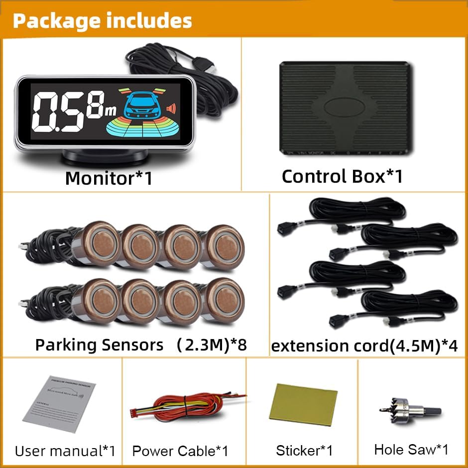 Parktronic 8 Parking Sensors Kit Reverse Backup Radar System Rear and Front View with Sound Warning Ultrasonic Distance Detection for Car Vihicle