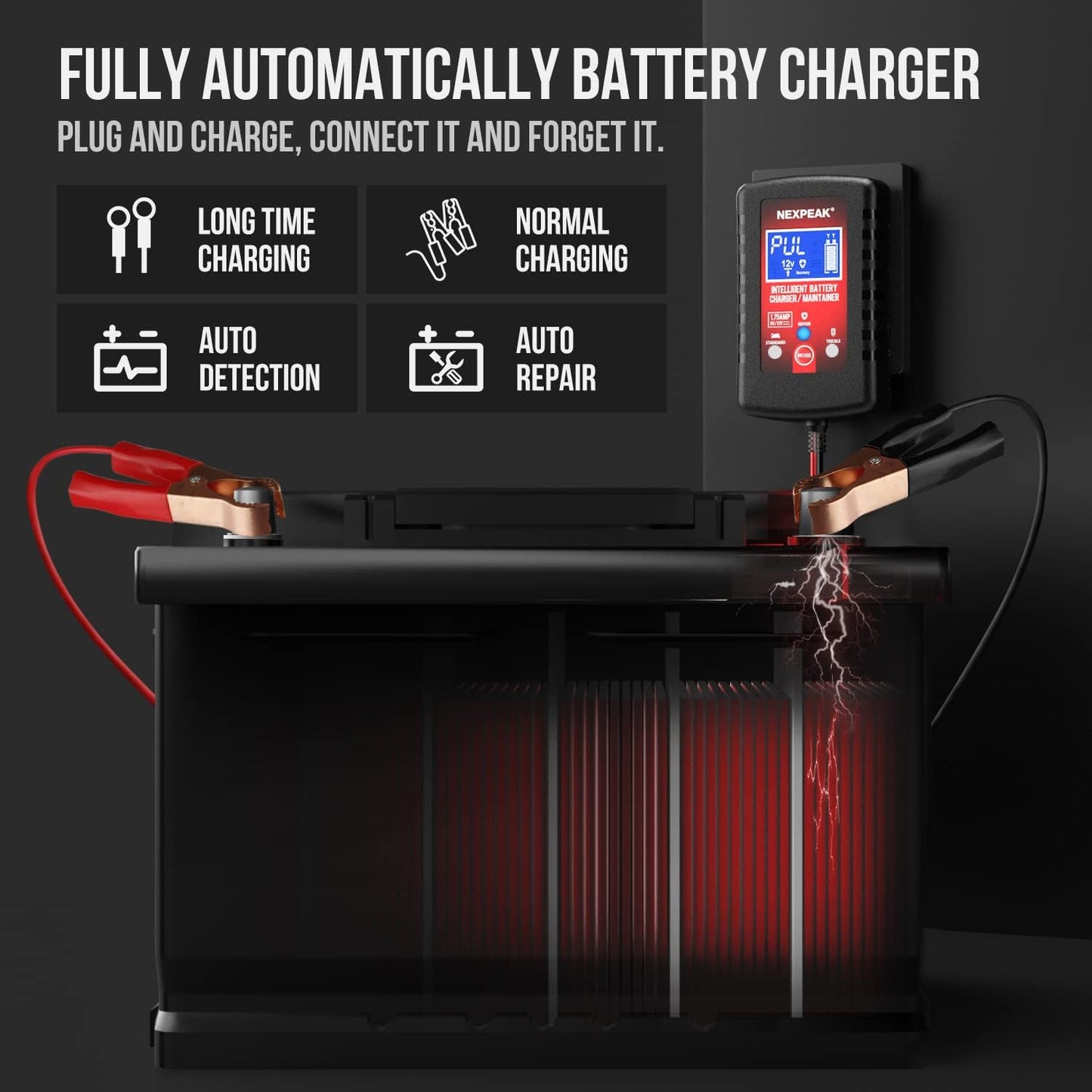 [4-Pack]1.75-Amp Car Battery Charger, 6V and 12V Smart Fully Automatic Battery Charger Maintainer, Trickle Charger, Battery Desulfator for Car, Lawn Mower, Motorcycle, Boat, Marine Lead Acid Batteries
