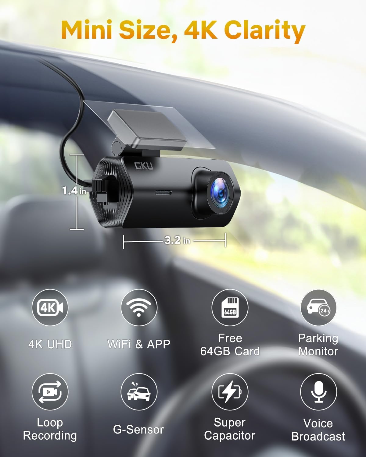 GKU 4K Dash Cam,Dash Cam Front with UHD 2160P, DashCam Built-in WiFi, 24H Parking Monitor,Night Vision,WDR,170° Wide Angle,Loop Recording,G-Sensor,DashCam Includes 64GB Card (Black)