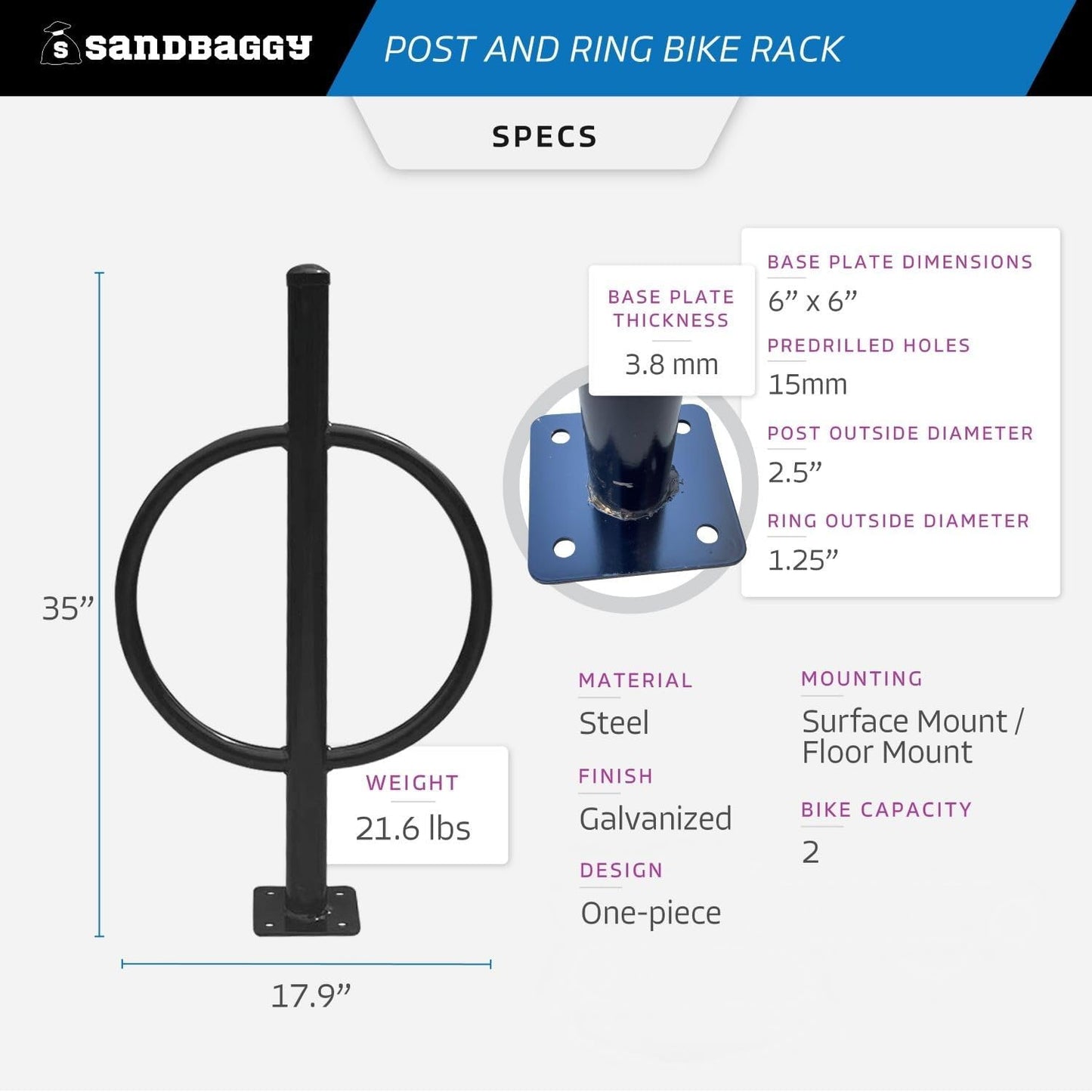Sandbaggy Post and Ring Bike Rack - Commercial Bike Racks - Galvanized Steel - Anti-Theft Design - In Ground, Apartments, Sidewalks, Industrial (Blue, 1)