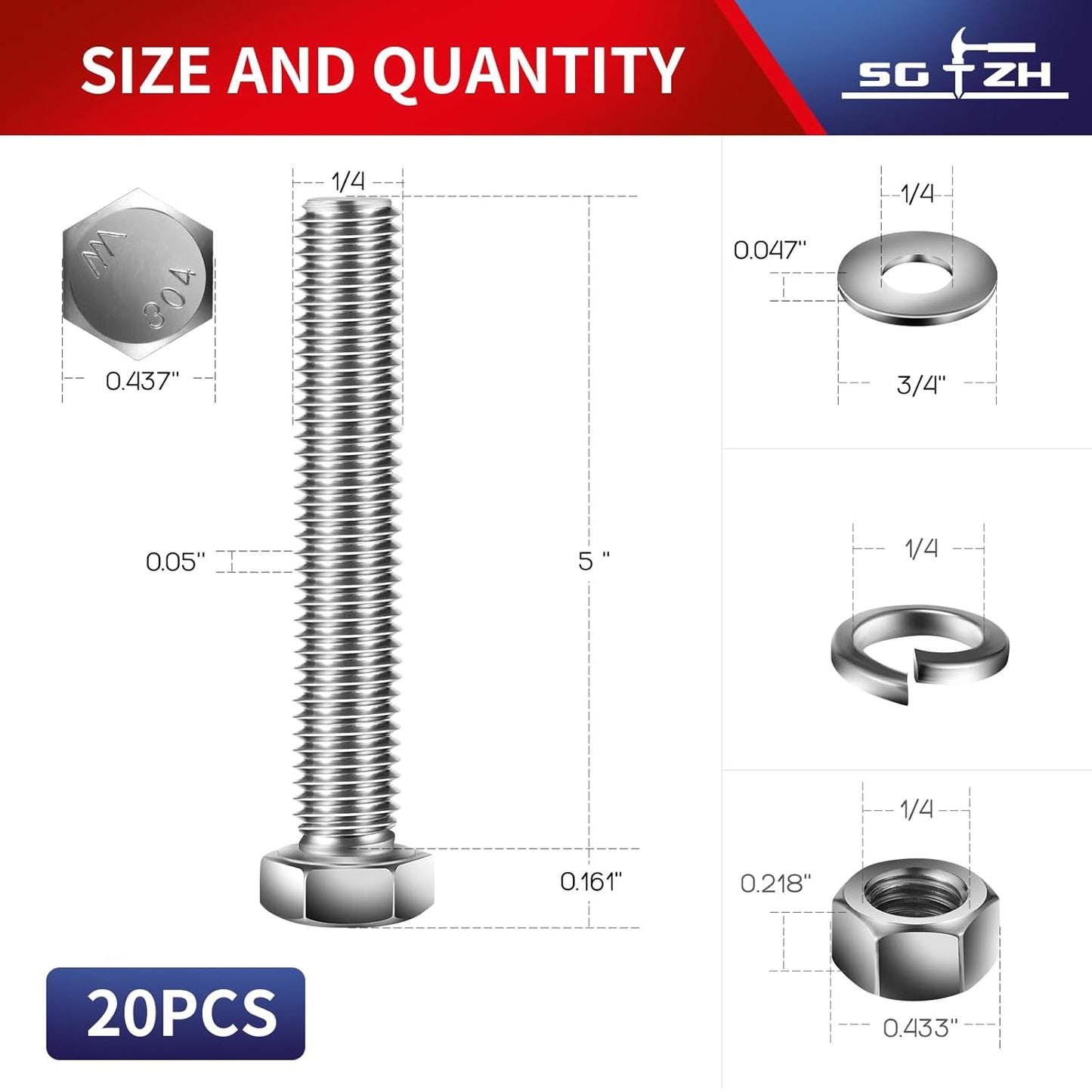 1/4-20 x 5" Hex Head Screw Bolt, Nuts, Flat & Lock Washers, 20Pcs 18-8 (304) Stainless Steel, Fully Threaded, by SG TZH