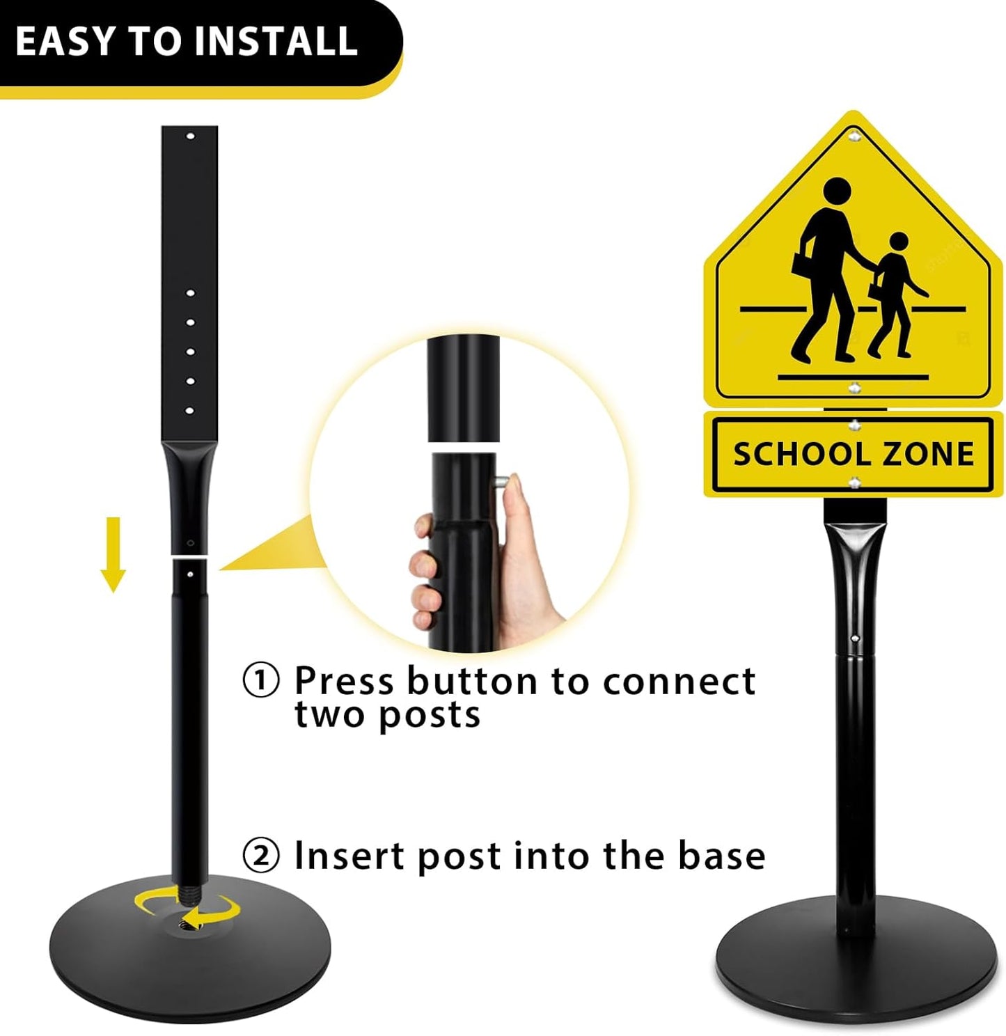 Parking Sign Stand with Base - 20 Lbs Cast Iron Parking Sign Post for Hanging Traffic Construction Street Warning Notice, Movable Black Heavy Duty Base Stand for Outdoor Use, 2 Pack