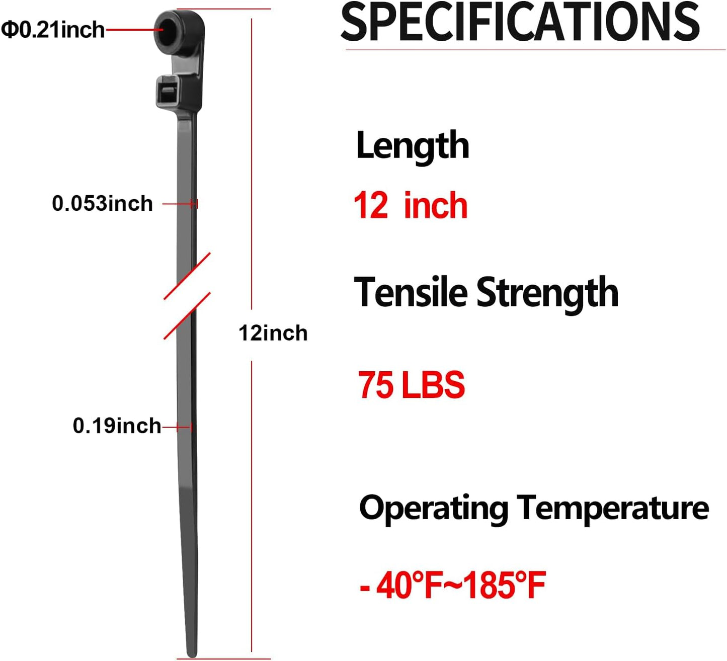 200 PCS 12 inch Black Zip Ties with Screw Hole 75lbs Mountable head Cable Ties Straps Multipurpose Heavy Duty Nylon Cable Zip Ties with Screw Mounting Hole