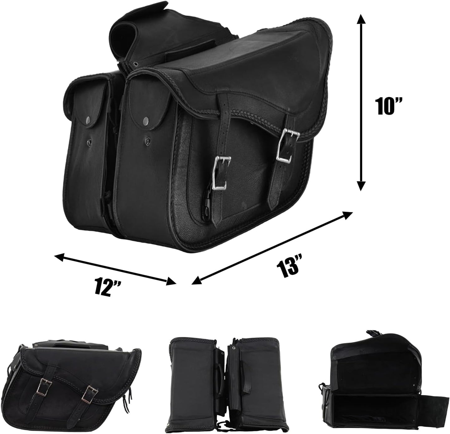GARGOYLE BELLS Motorcycle Saddle Bags Genuine Leather Motorcycle Luggage Bag For Softails Sportsters and Choppers (No Stud, Black, 13”x13“x10”)