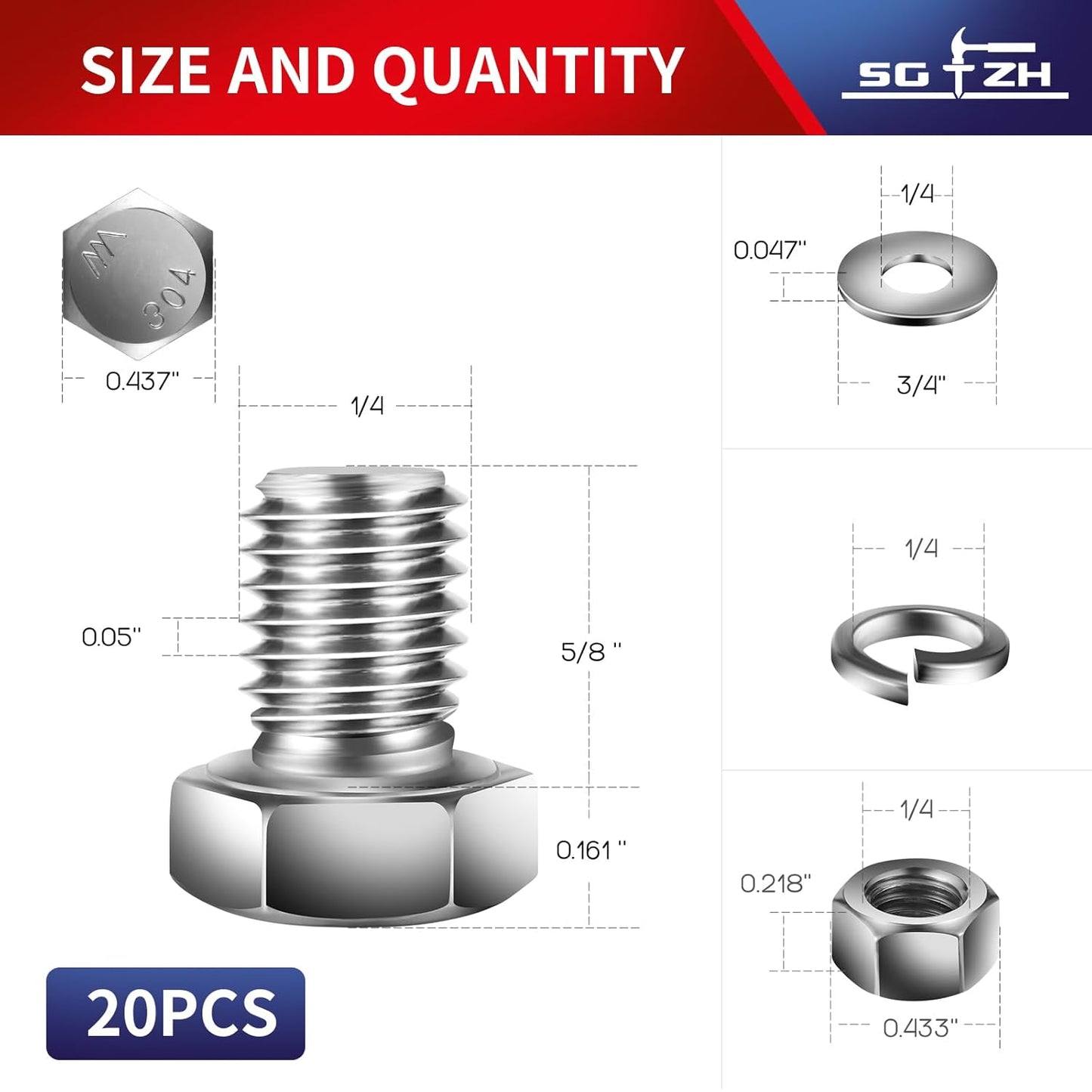 1/4-20 x 5/8" Hex Head Screw Bolt, Nuts, Flat & Lock Washers, 20Pcs 18-8 (304) Stainless Steel, Fully Threaded, by SG TZH