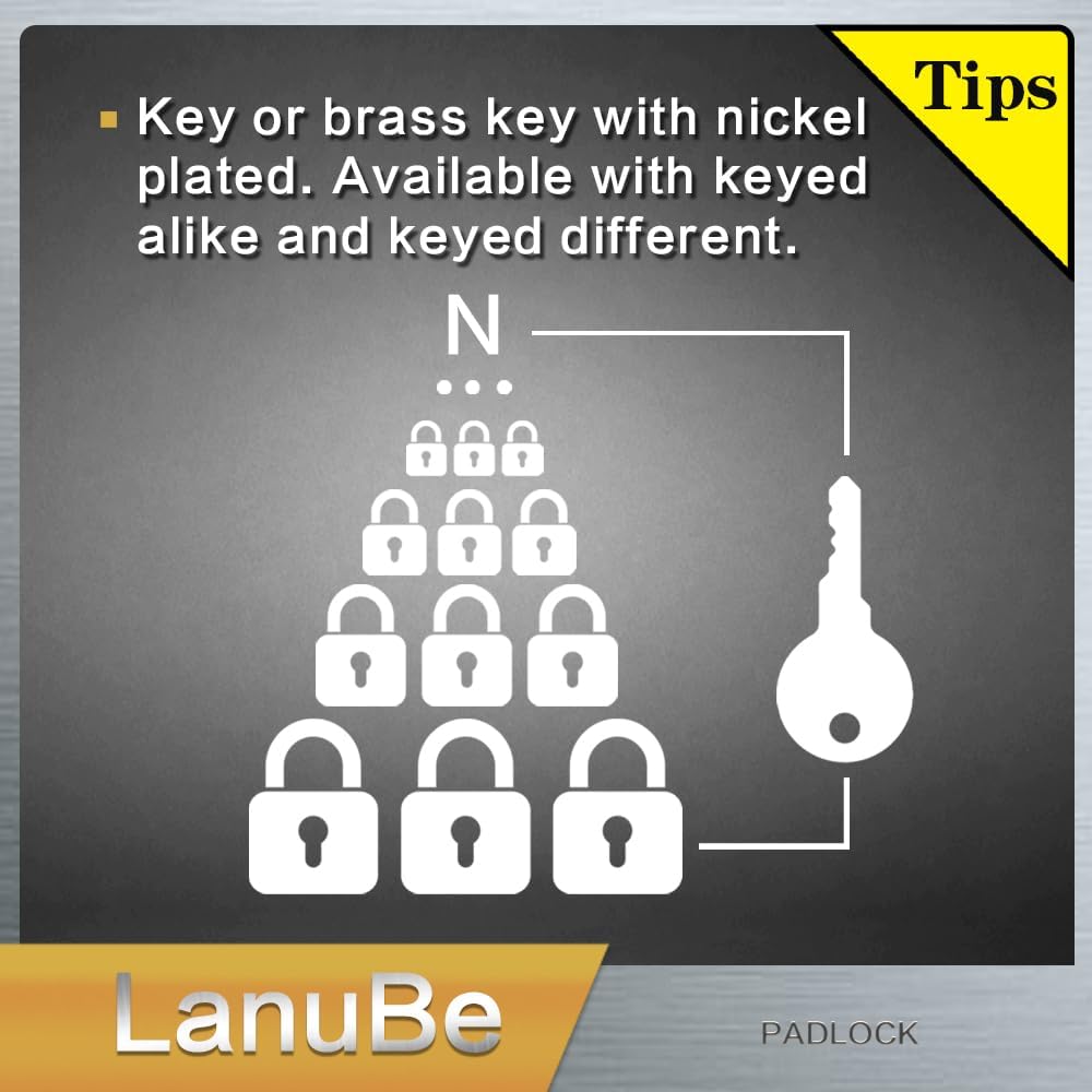 LanuBe Lock Laminated keyed Padlock (1-9/16", 40mm), keyed Alike Locks, Long Shackle,Marked Black Plastic Hoop, Pack of 12